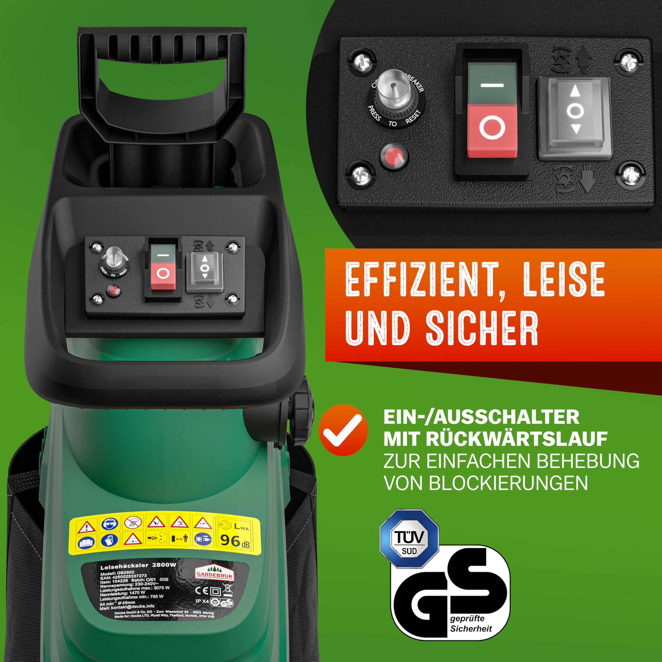 Gardebruk Leisehäcksler 3100 W 44 mm Elektrischer Gartenhäcksler Walzenhäcksler