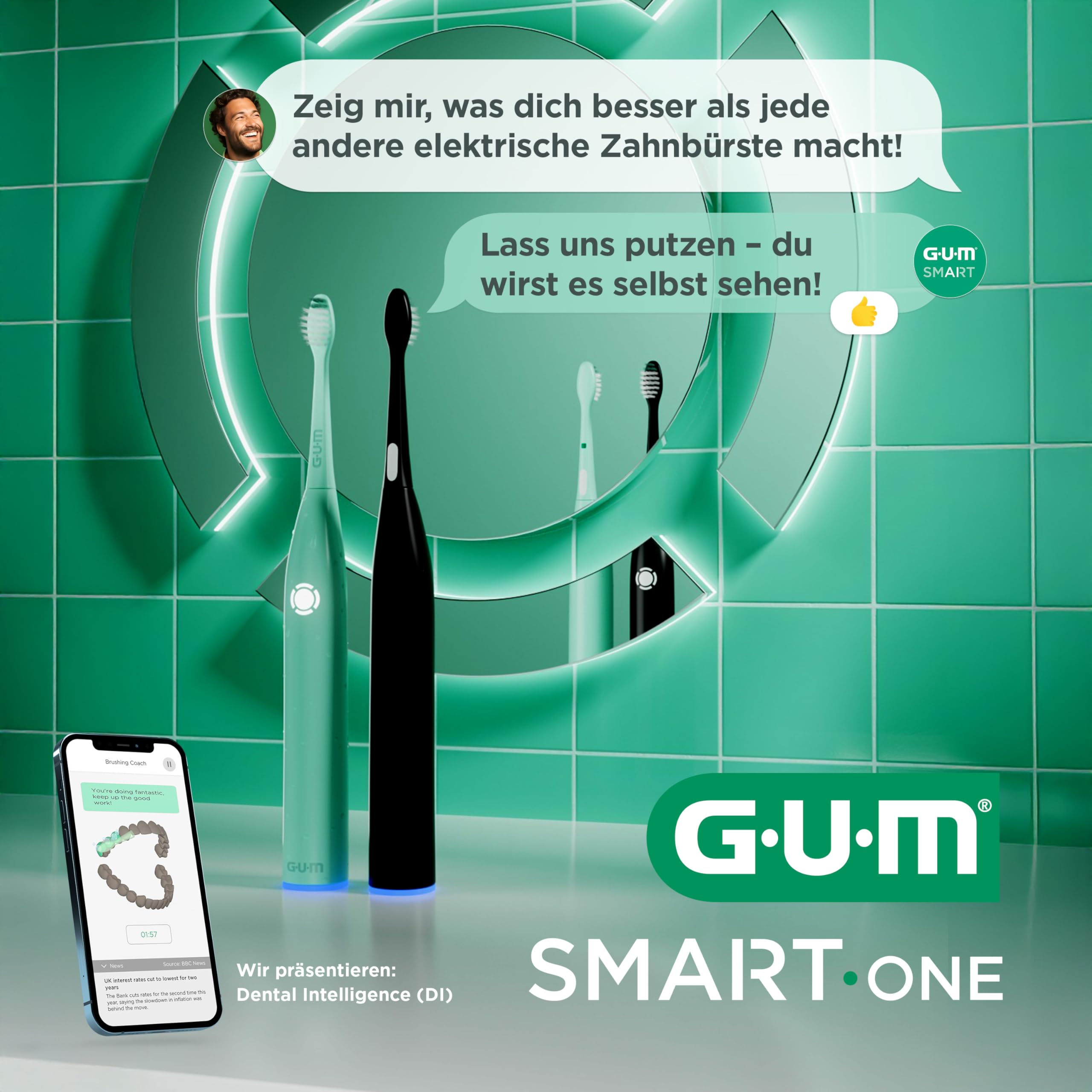 GUM SMART ONE elektrische Zahnbürste | Geschwindigkeitskontrolle | Timer | 4 Putzmodi | 6 Wochen Akkulaufzeit | GUM SMART App | 1x Schall-Zahnbürste | 2x Bürstenköpfe | Schwarz