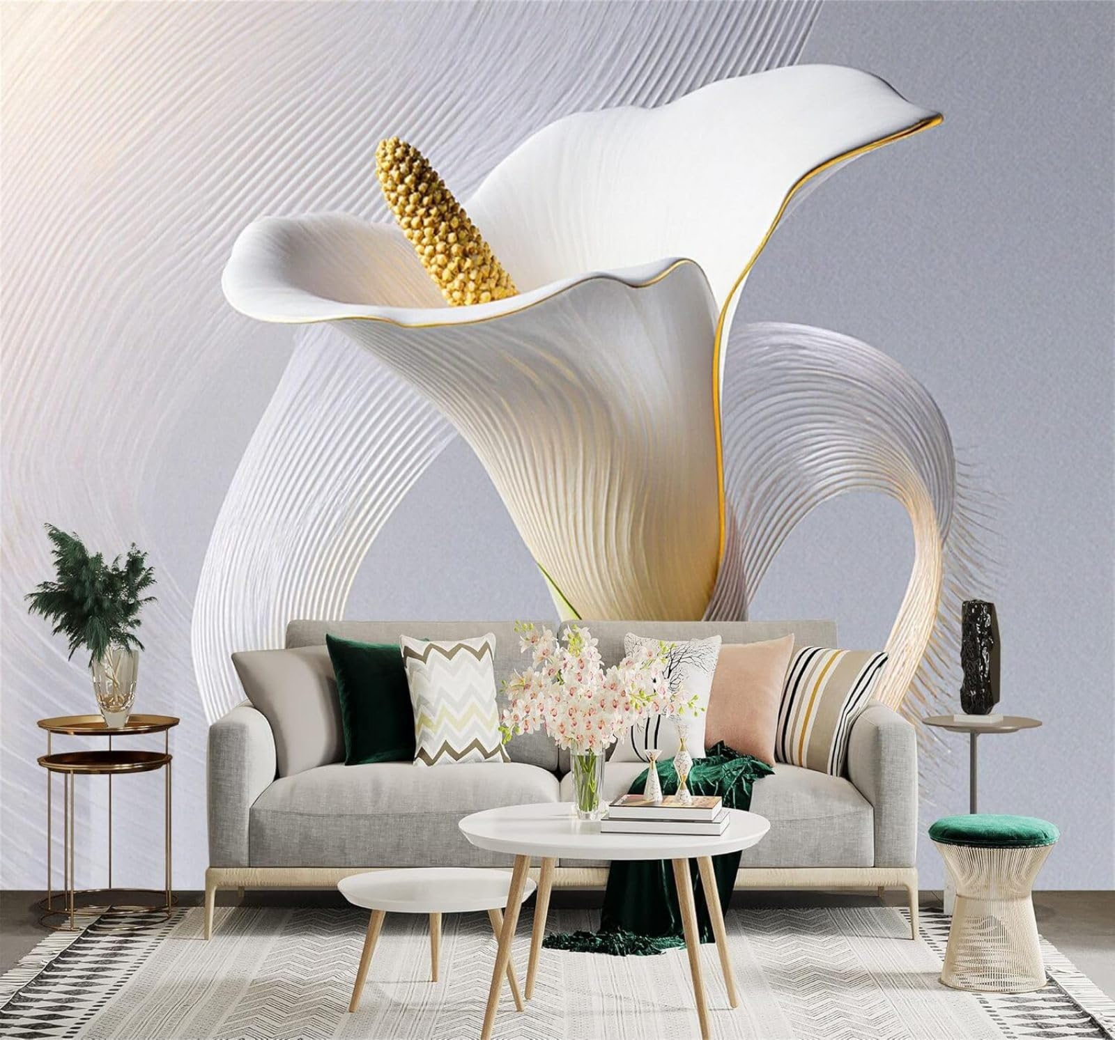 Tzxztt 200Cm×140Cm(B×H) Elegant White Calla Lily Gold Details Abstract Lines Modern 3D Wallpaper Premium Textured Silk Neutral Tones Material Ideal For Living Room Bedroom-200Cm×140Cm
