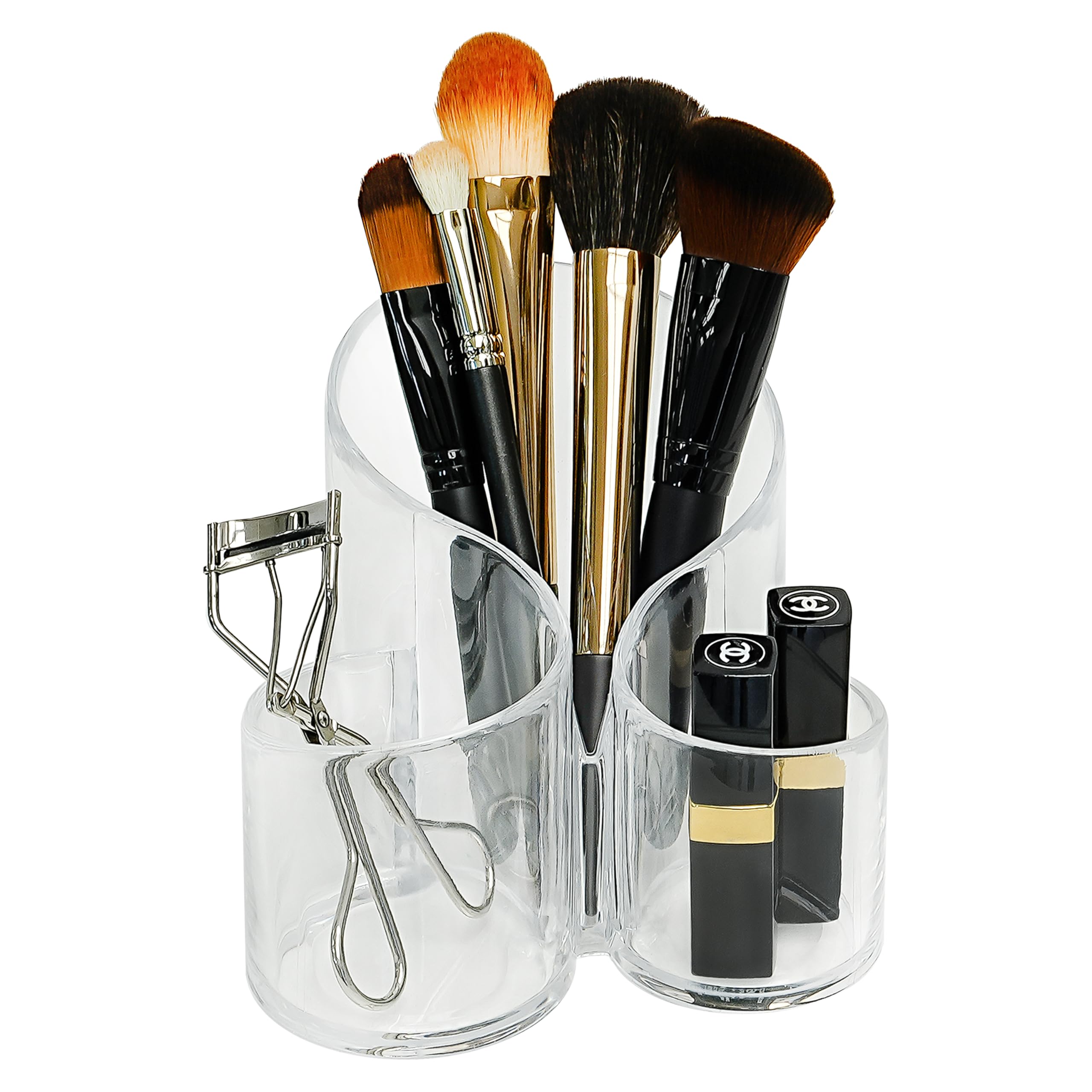 Amtido Clear Plastic Makeup Brush Organiser – Stylish Cosmetic Holder with 3 Compartments for Brushes, Lipsticks, and Beauty Essentials – Ideal for Vanity or Bathroom Use