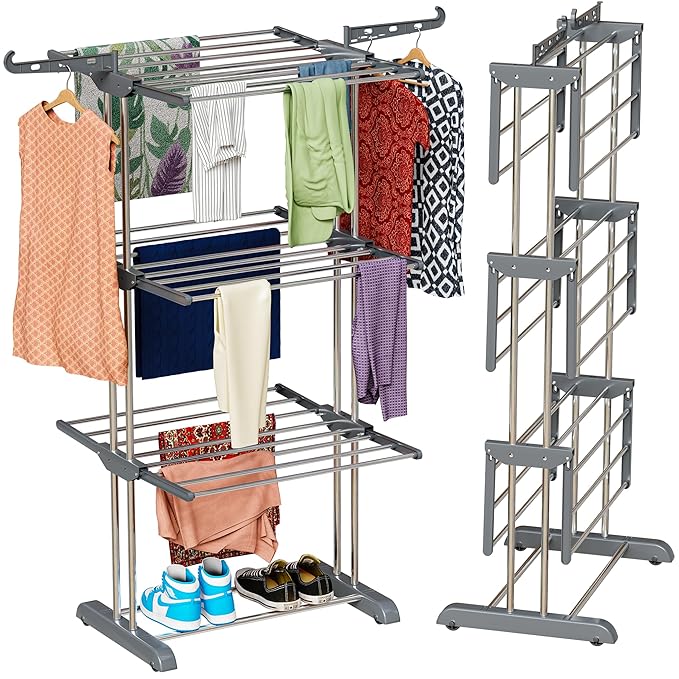 TEX-RO Clothes Drying Stand for Balcony/Cloth Dryer Stand/Cloth Stand for Drying Clothes Foldable/Stainless Steel Clothes Hanging Stand/Portable Cloth Rack for Balcony & Indoor (3 Layer, Grey)
