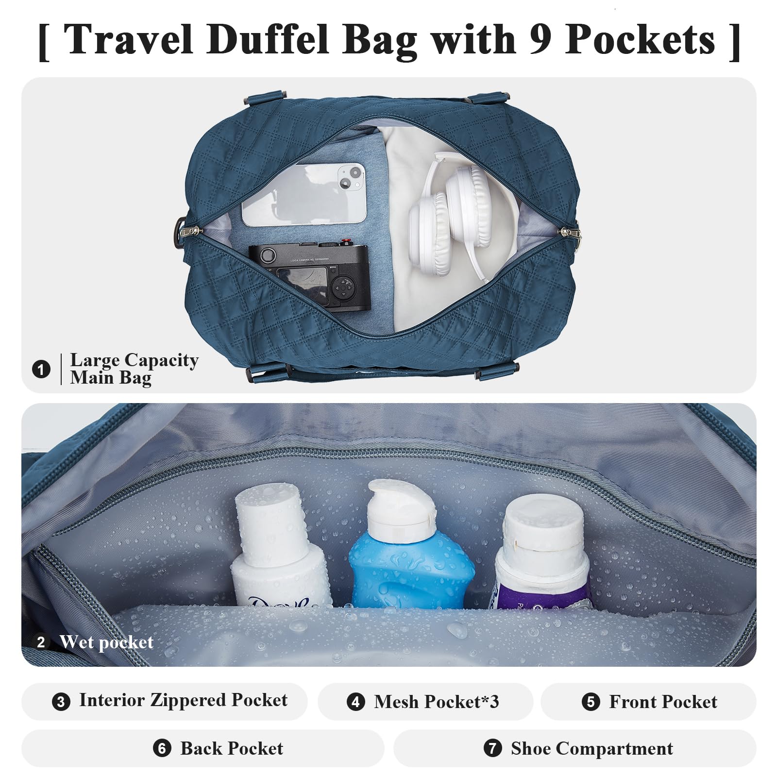 Borsone da Viaggio Donna, Bagaglio a Mano Borsa da Viaggio con Scomparto per le Scarpe, Borsa Sportiva Borsone da Palestra Grande, Borsa da Weekend, Borsa per Ospedale,H4-Indaco