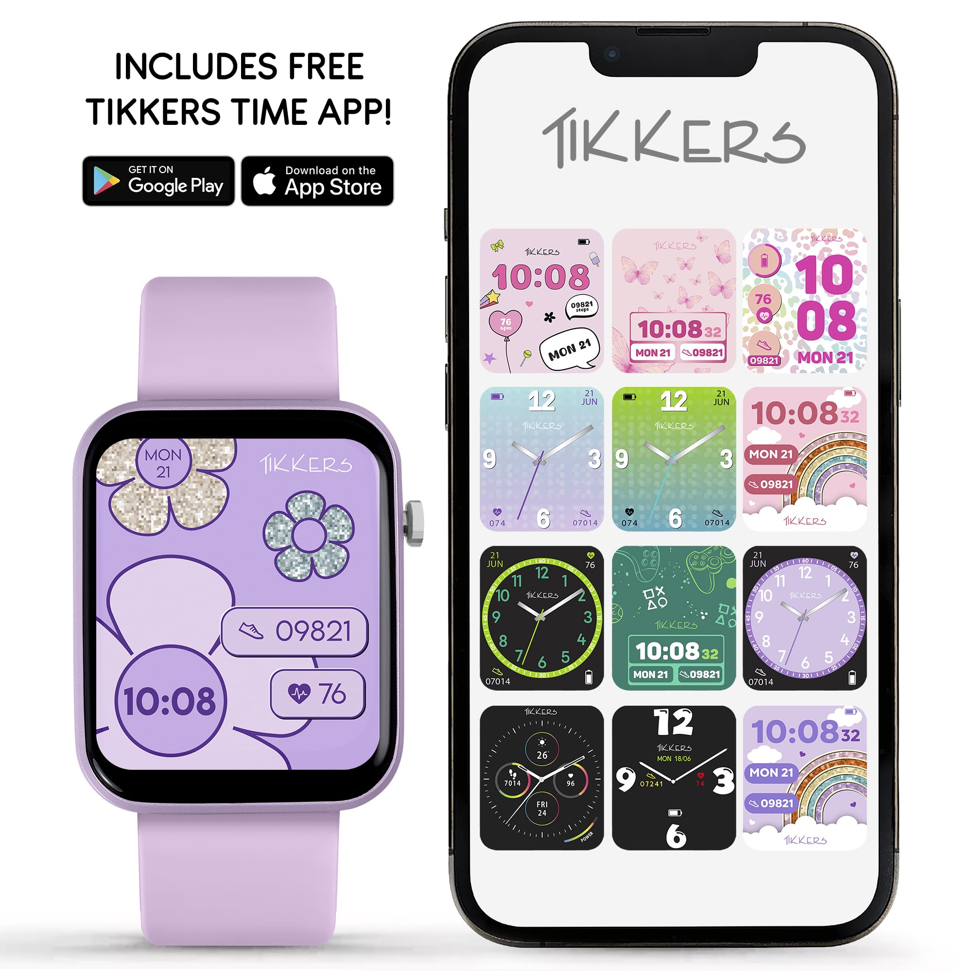 Tikkers Smart Series 13 Smart Watch i liliowy silikonowy pasek zestaw, liliowy, Jeden rozmiar, Casual