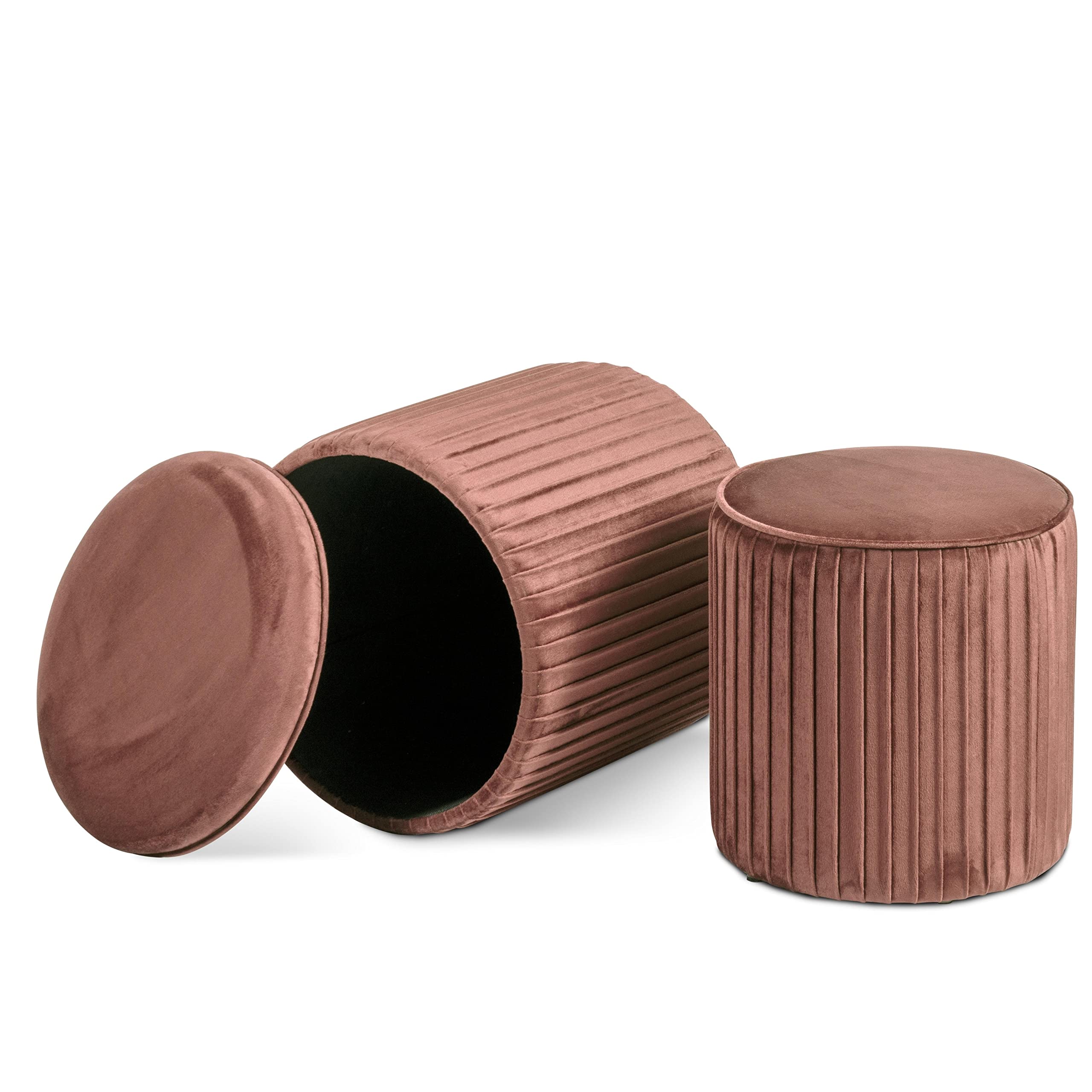 Norbe | TIK-TAK Set 2 Pouf Contenitore Velluto | Poggiapiedi Salotto | Cilindro Impilabile | Sgabello a Coste Camera da Letto | Rosa antico