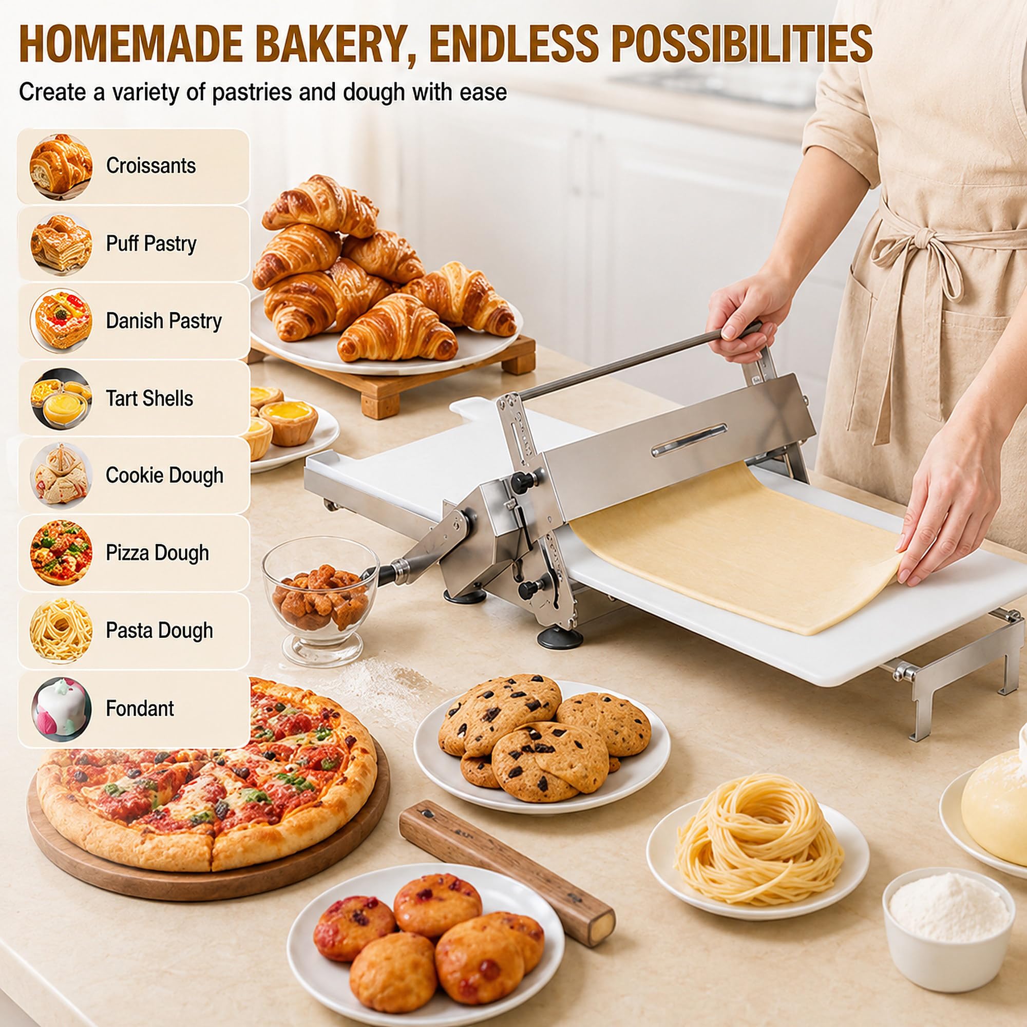 Rullo Manuale per Biscotti, Dolci, Pasta di Zucchero e Pizza 400 | La sfogliatrice pieghevole usa rulli regolabili, telaio stabile e parti in acciaio inox per panifici e uso domestico