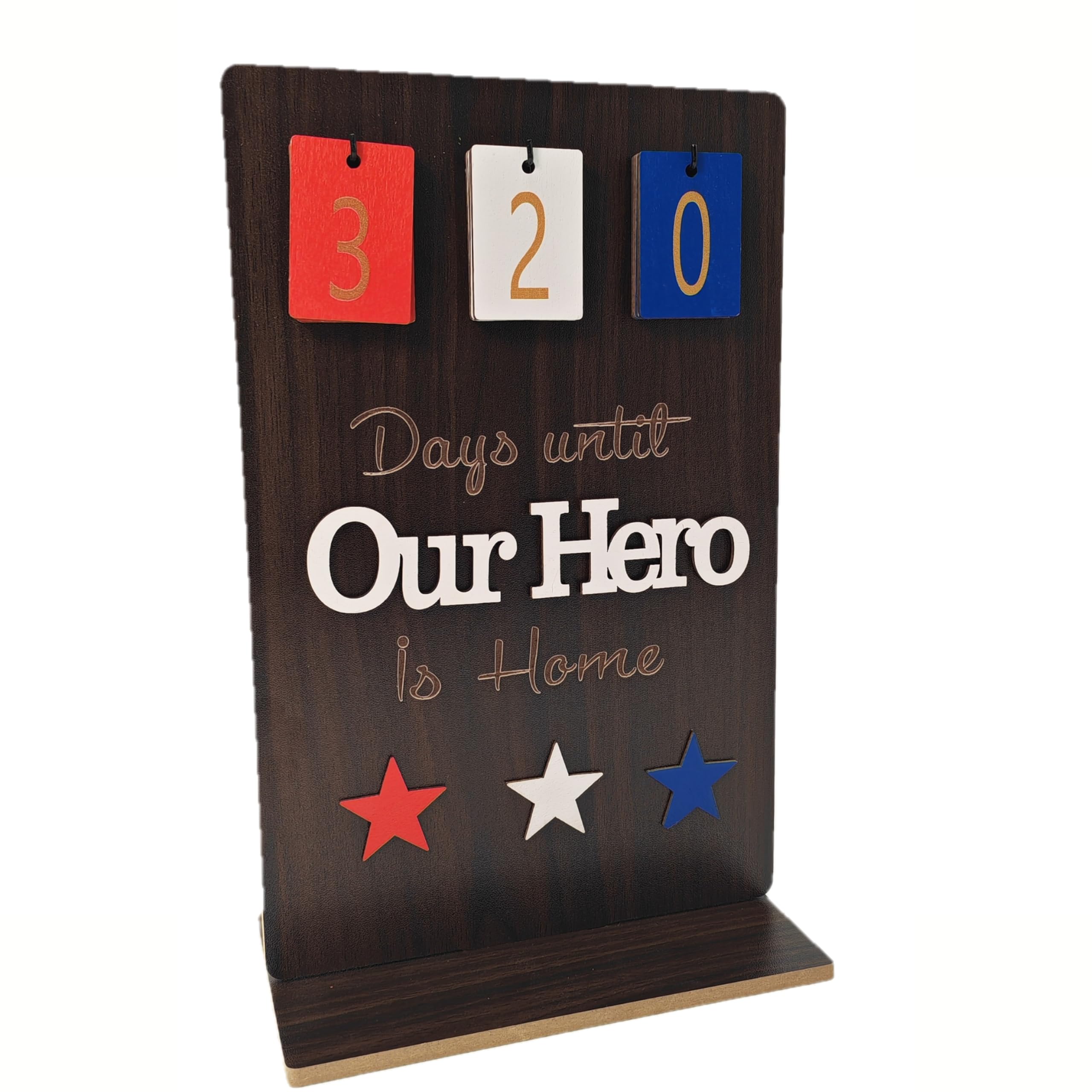 ACECARE Military Deployment Countdown Calendar – “Days Until Our Hero is Home” Wooden Sign with Flip Numbers | Patriotic Red White Blue Stars | Wooden Military Calendar, Homecoming Gift (Dark Brown)