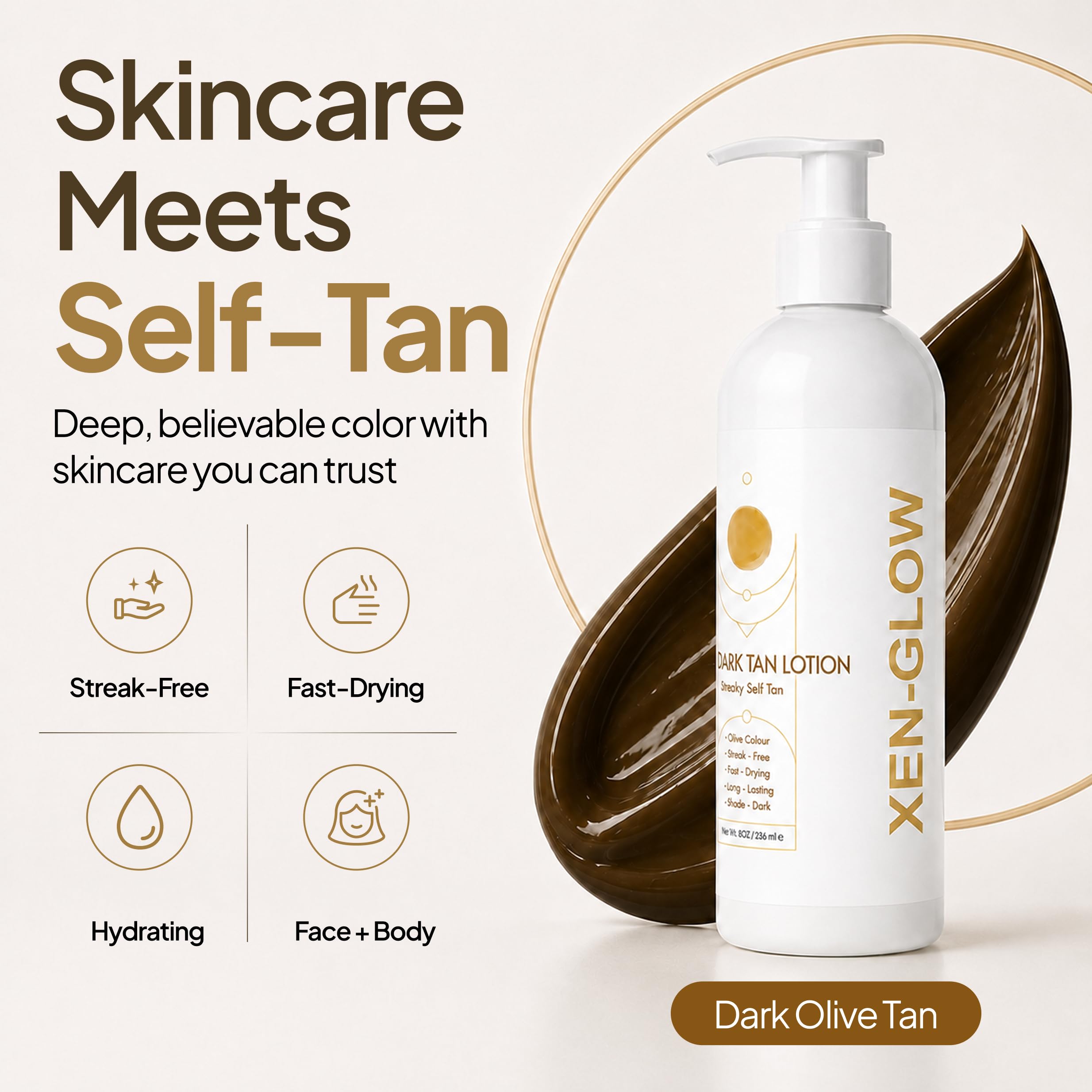 Loción bronceadora oscura para piel de oliva instantánea, secado rápido y duradero, aplicación sin rayas, sin olor a bronceado falso, vitamina E, vitamina C y extracto de aloe, 236 ml