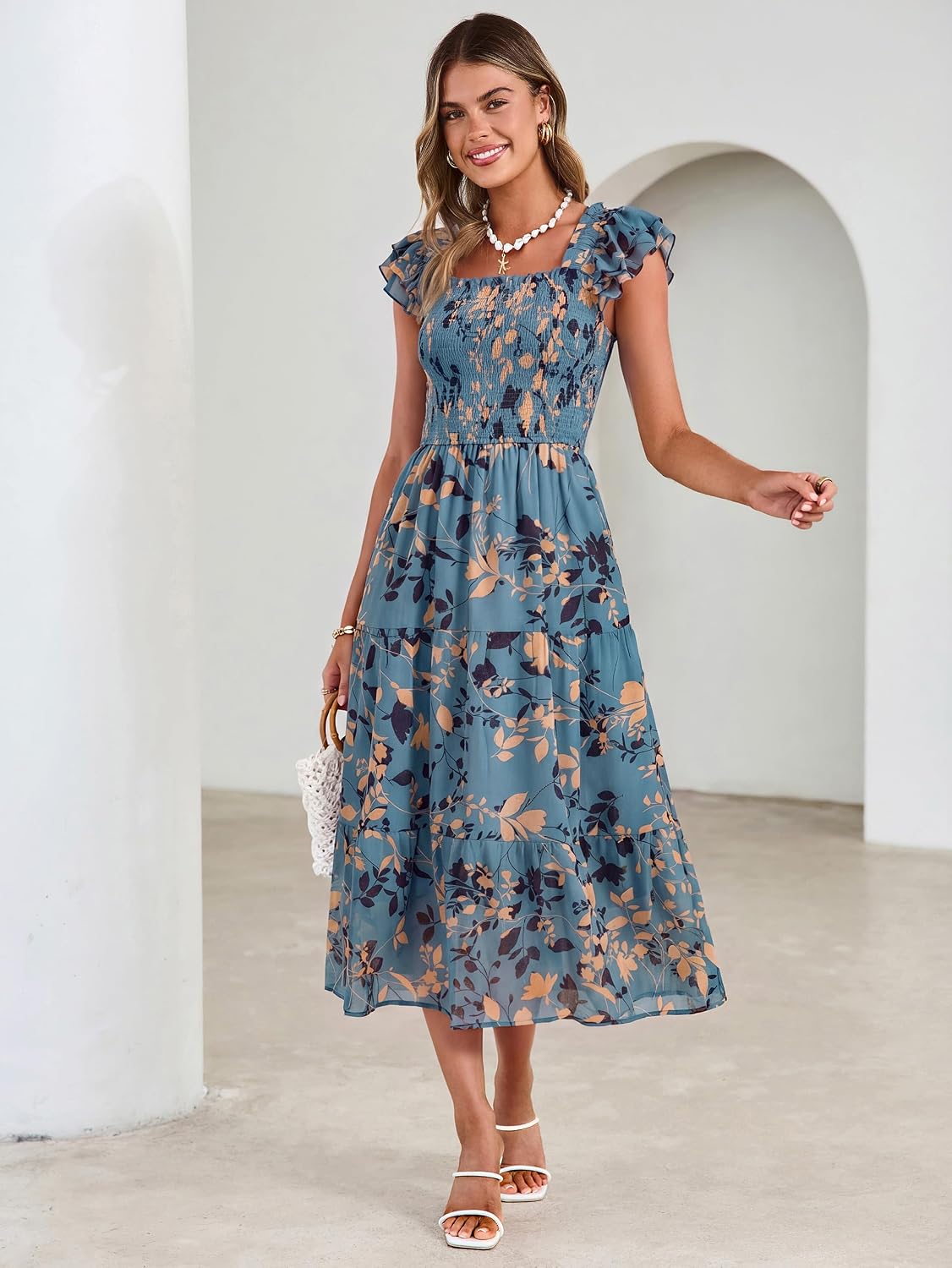 Simplee Women Floral Summer Sun Dress Flutter Sleeve Smocked Chiffon Midi Dress Casual Boho Flowy Dress with Pockets image 3