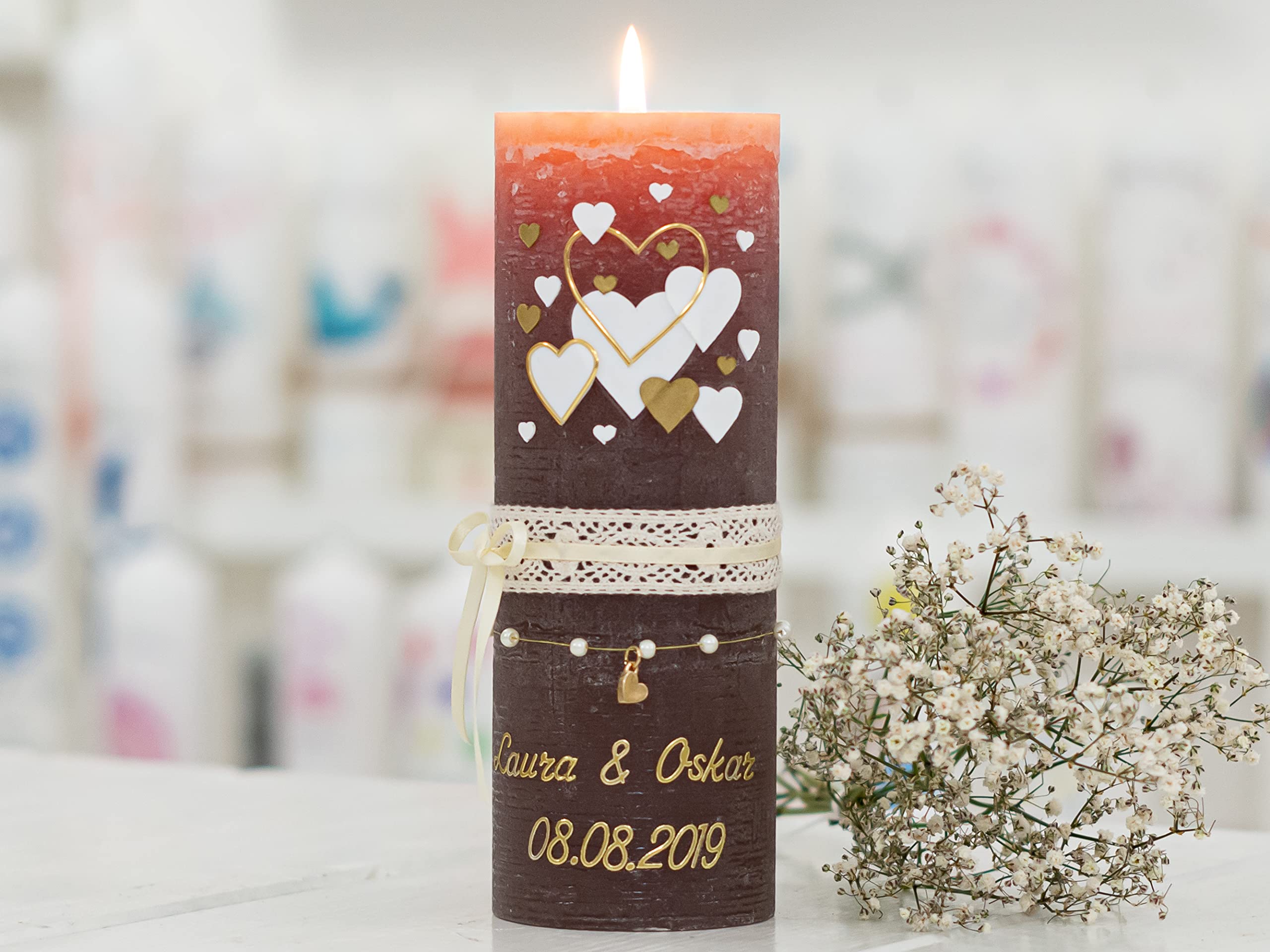 Hochzeitskerze Rustik Mallow Traukerze mit Namen und Datum, individuell, persönlich u. handgemacht 17217