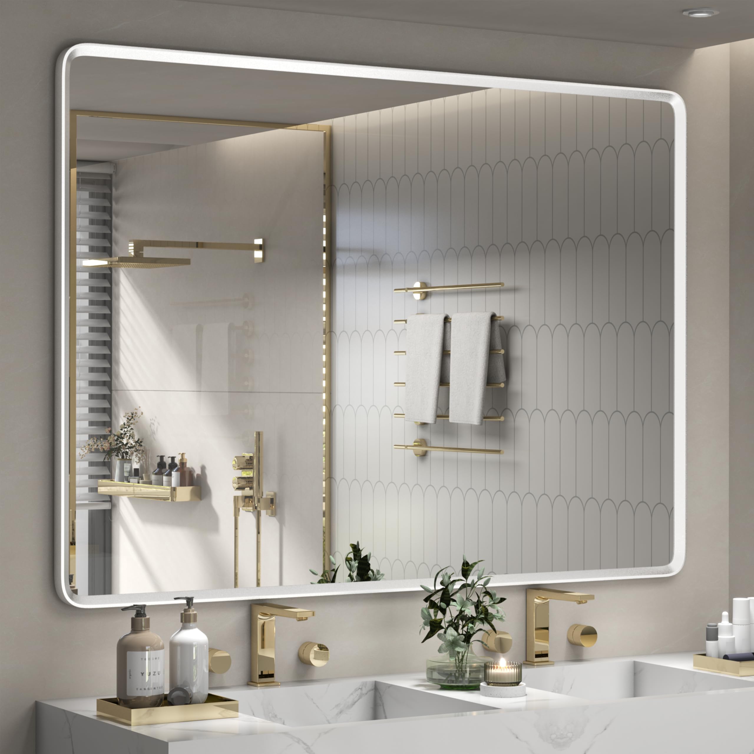 55x40 Inch Silver Framed Mirror, Silver Bathroom Vanity Mirror for Wall, Brushed Nickel, Rounded Rectangle Mirror, Shatterproof, Anti-Rust (Horizontal/Vertical)