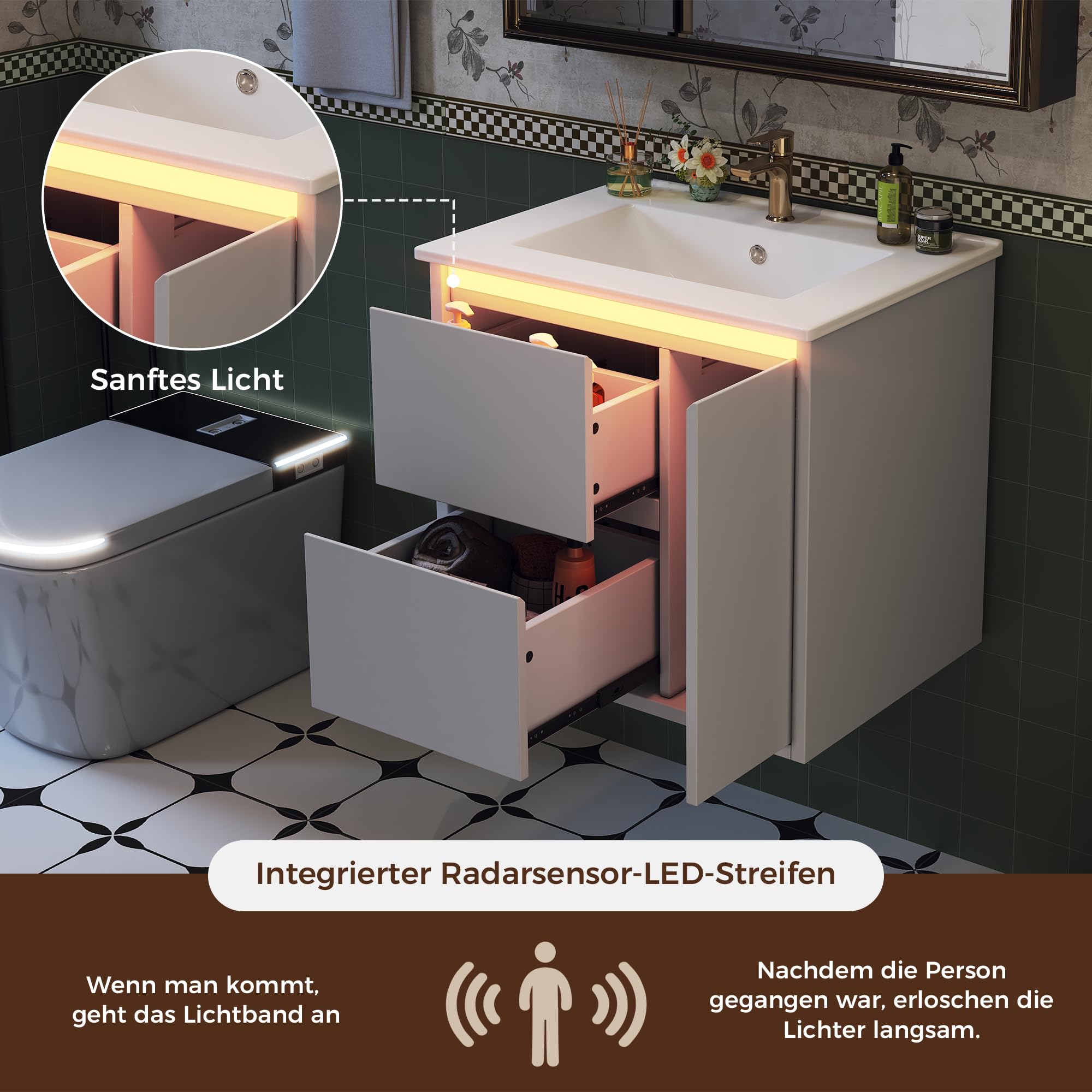 61 cm umywalka z szafką pod umywalkę, lampa LED z czujnikiem radaru