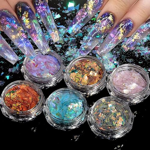 QIMYAR 6 colores de sirena para arte de uñas, copos de purpurina de colores, copos de uñas de sirena, calcomanías de lentejuelas para uñas, arte de