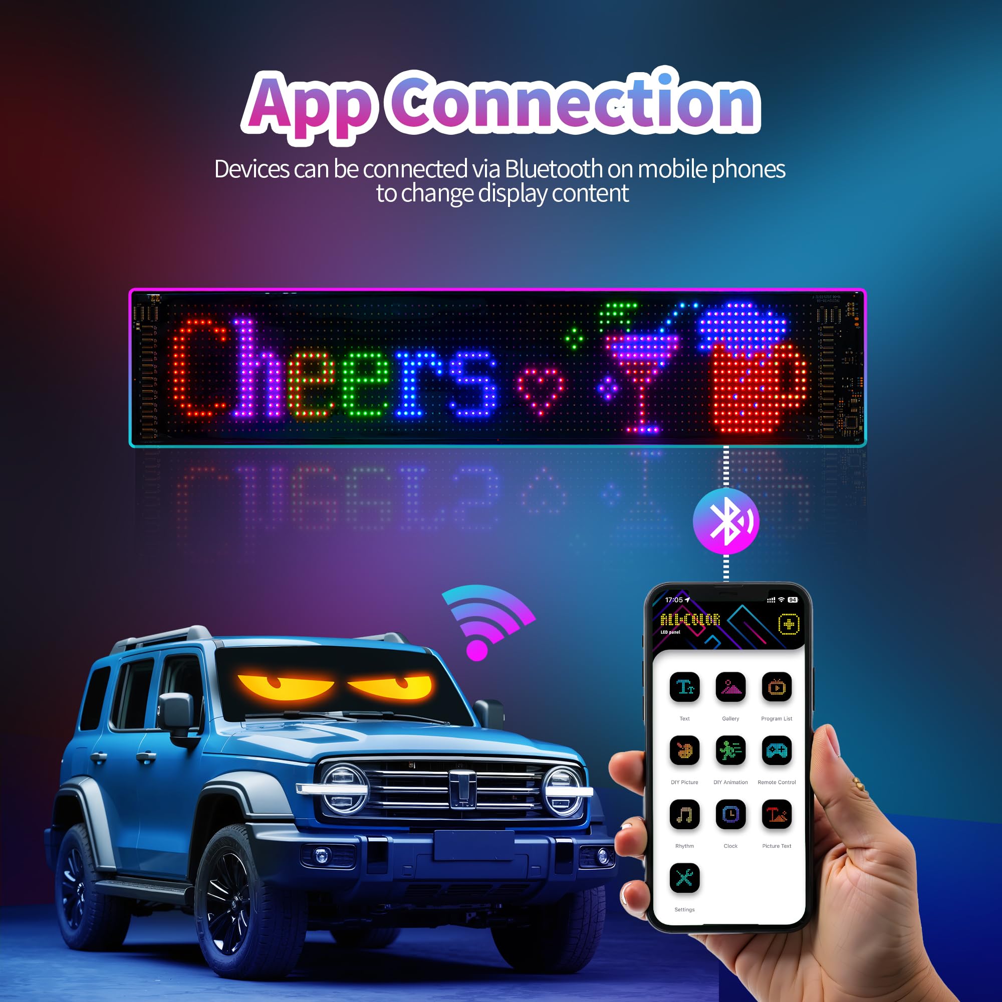 LED Car Sign, Programmable LED Matrix Panel FPCB Flexible Screen Display Animation Message Scrolling Sign APP Control For Cars, Shop, Bar, Party