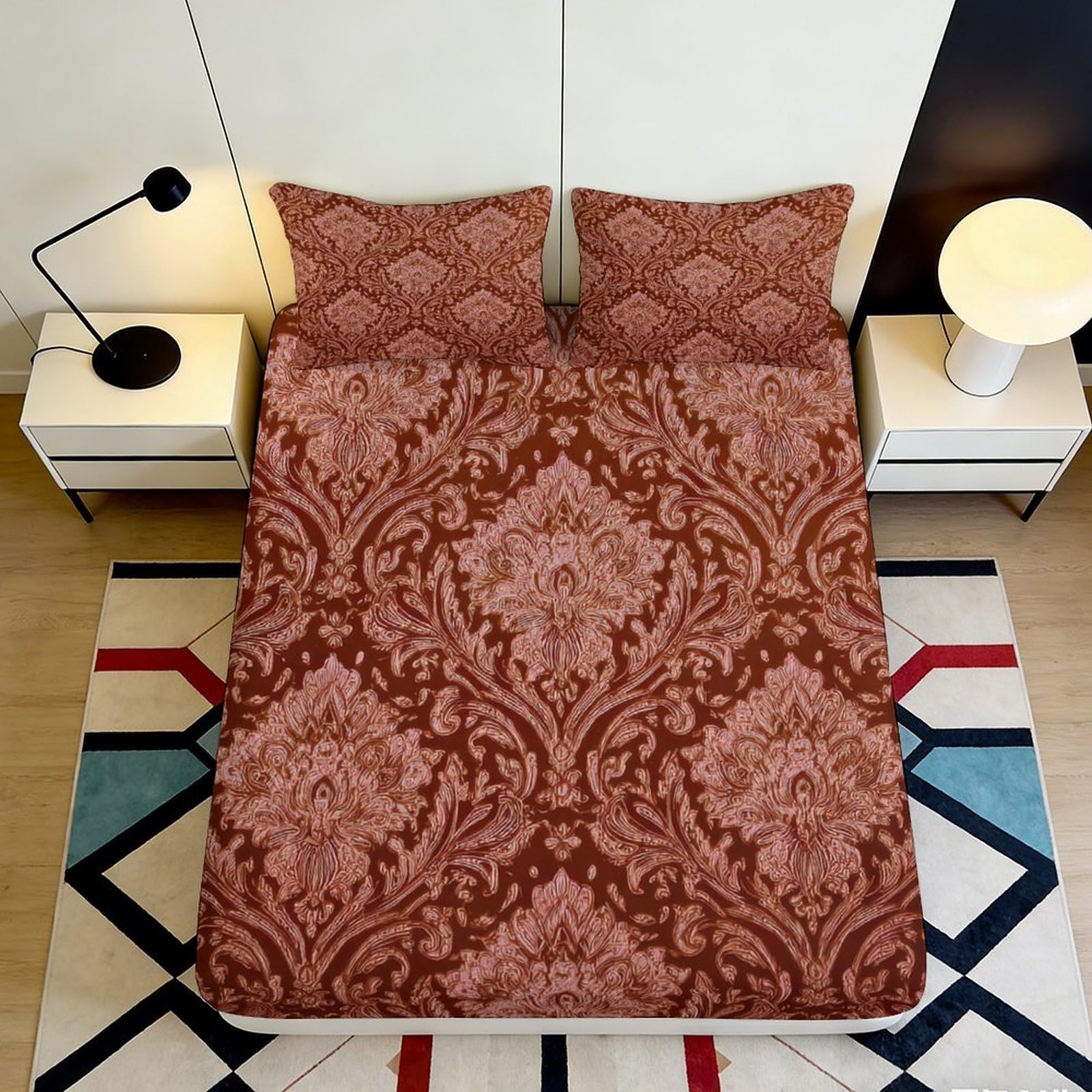 Jqzkxnhpbr Style-9 3D Printed Baroque Damask Fitted Sheet Microfiber Brown Decorative Floral Mattress Cover For Bedroom Dorm Easy Care 90X200x25cm
