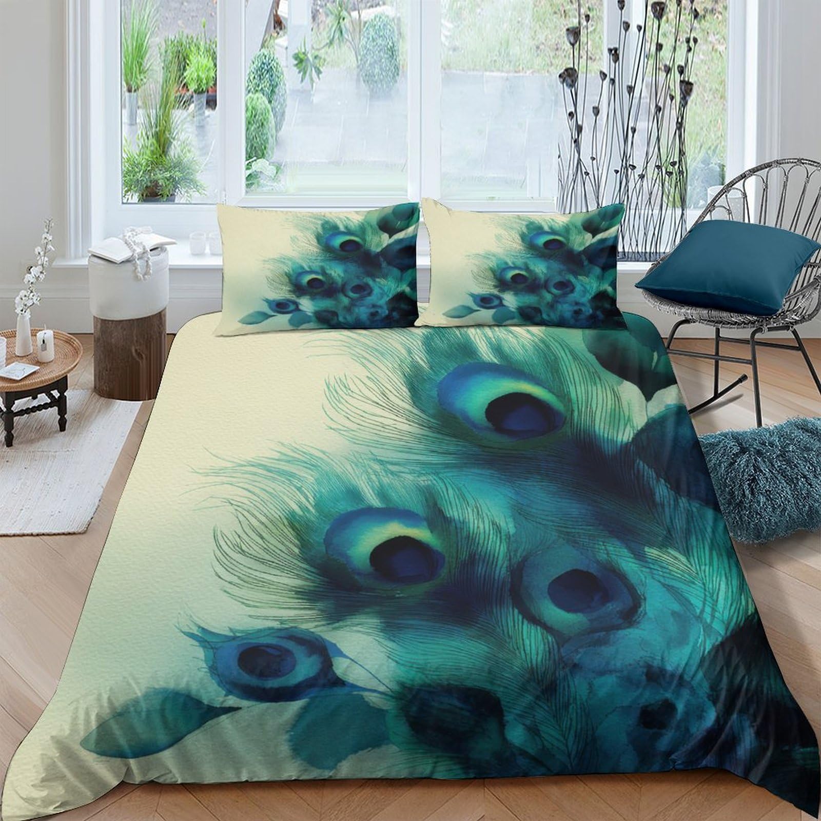 Ctjqhvkz Style-5 3D Printed Peacock Feather Fitted Sheet Microfiber Soft Blue Green Bed Cover Anti-Slip Machine Washable For Bedroom Guest Room Decor Single（135X200cm）