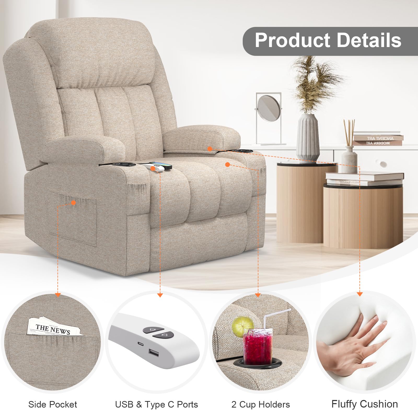 Fernsehsessel Massagesessel Elektrisch Relaxsessel mit Liegefunktion Aufstehhilfe, Massage Heizung, Fußteil, Getränkehalter 4 Seitentaschen,TYP C & USB-Anschlüsse Leder Sessel