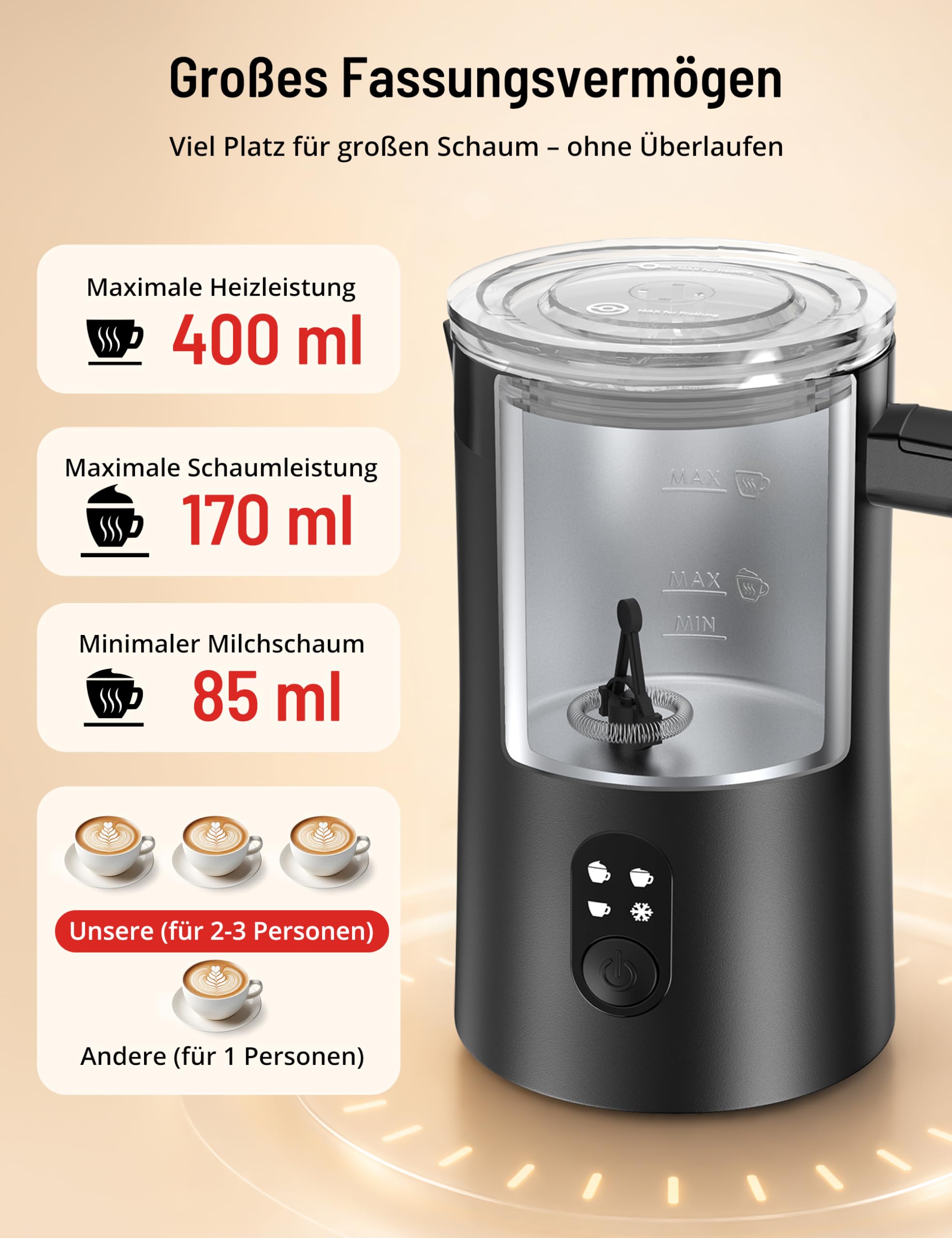 PARIS RHÔNE Milchaufschäumer Elektrisch 400ml, 4-in-1 Milchschäumer Kalt- & Heißschaum für Latte, Cappuccino & Macchiato, Edelstahl, Silent-Motor, Auto-Abschaltung