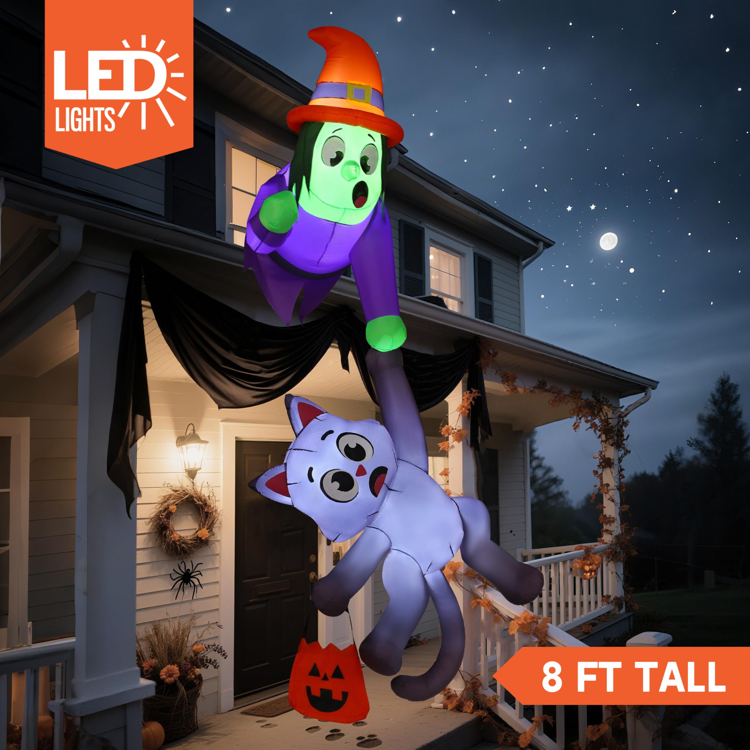 JOYIN Nadmuchiwana dekoracja dachu na Halloween, wysokość 2,44 m, czarownica i czarny kot, nadmuchiwana dekoracja ze światłami LED, ogromne nadmuchiwane artykuły na Halloween, do użytku na zewnątrz