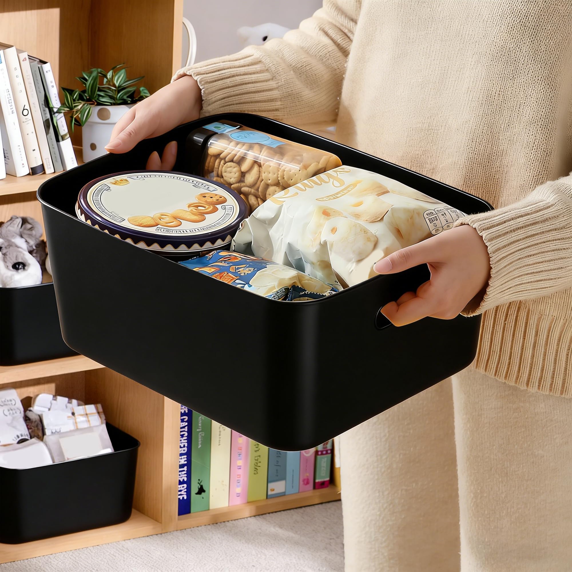 LYLIDIA 10 scatole portaoggetti in plastica, 30 cm, colore nero, grandi cesti di plastica, per bagno, cucina, scaffali, scatole