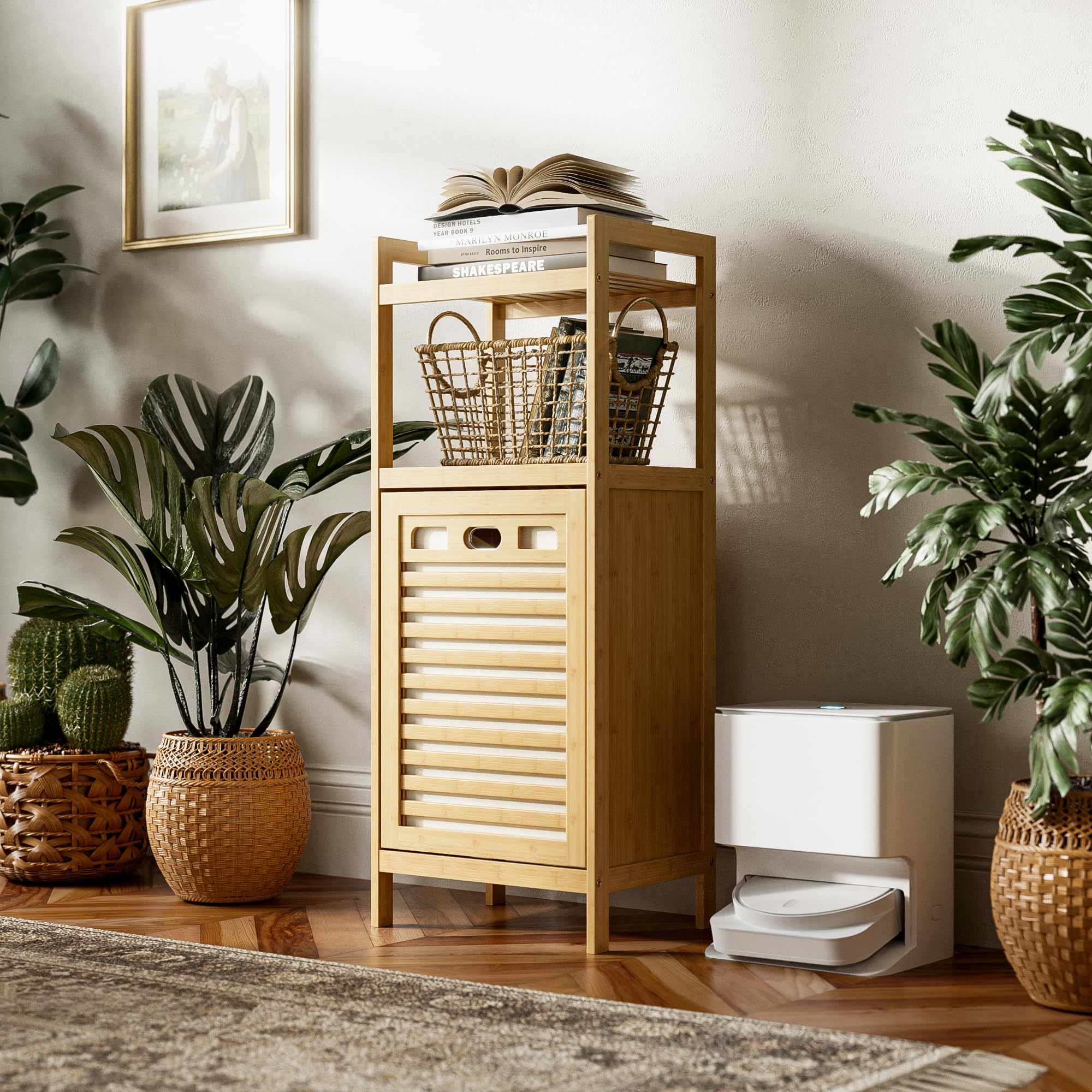 HITNET Mueble Ropa Sucia, Armario de Baño con 1 Cesta de Ropa Sucia y 2 estantes Abiertos, 40L Bolsa Interior Extraíble con Asas para Sala de Estar y Dormitorio, Natural