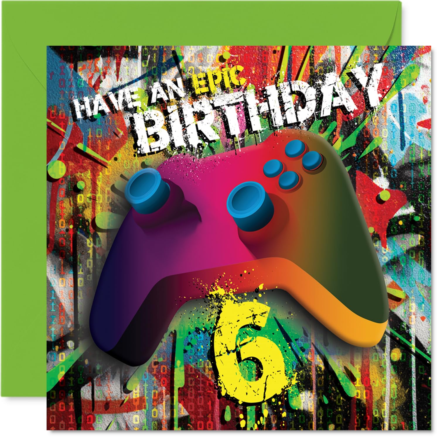 Playful 6th Birthday Card - Level Up the Birthday Fun - Vibrant Gaming Controller Design with Bold 'have an Epic Birthday 6' - 145mm Square, Envelope Included