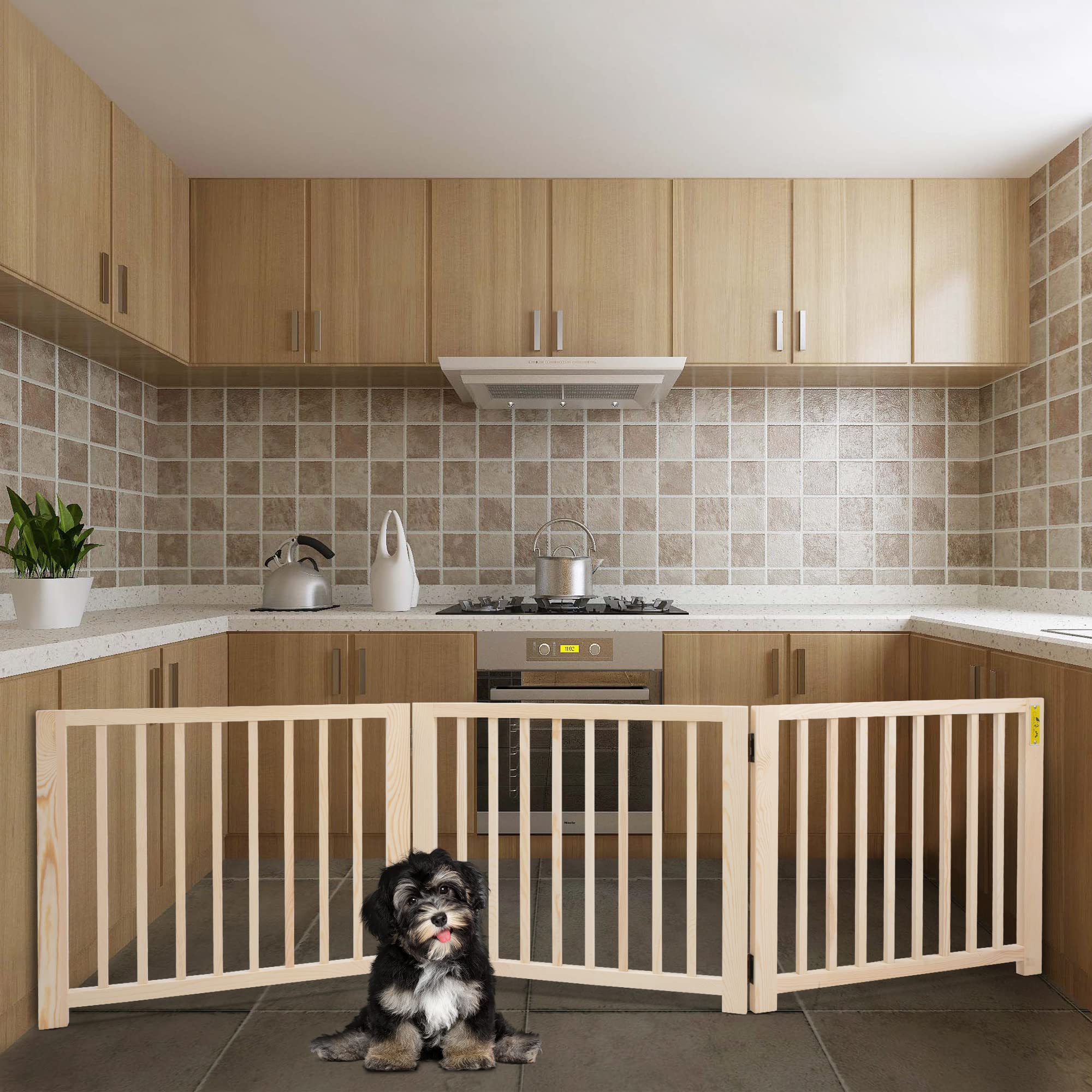 Summer Island Freestanding Wooden Dog Gate - Indoor Pet Gate with Walk-Through Door, Adjustable and Portable Dog Barrier for Small to Medium Dogs, No Drilling Required, Stylish Wooden Finish,Natural