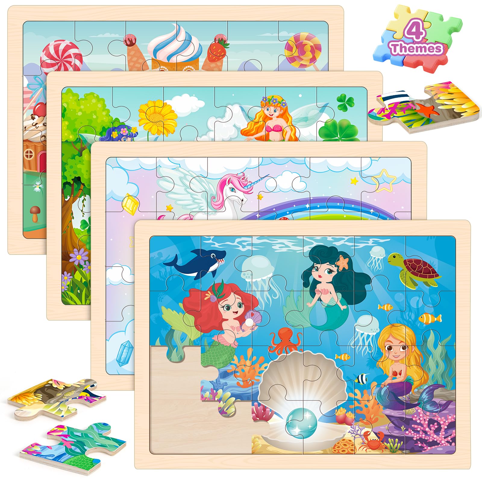 Einhorn und Meerjungfrau Holzpuzzle Feen für Kinder von 4-6 Jahren, 4 Packungen Reisepuzzle für Kinder von 2-4 Jahren, Vorschule Lernaktivitäten, Spielzeug für Kinder von 2-4 Jahren