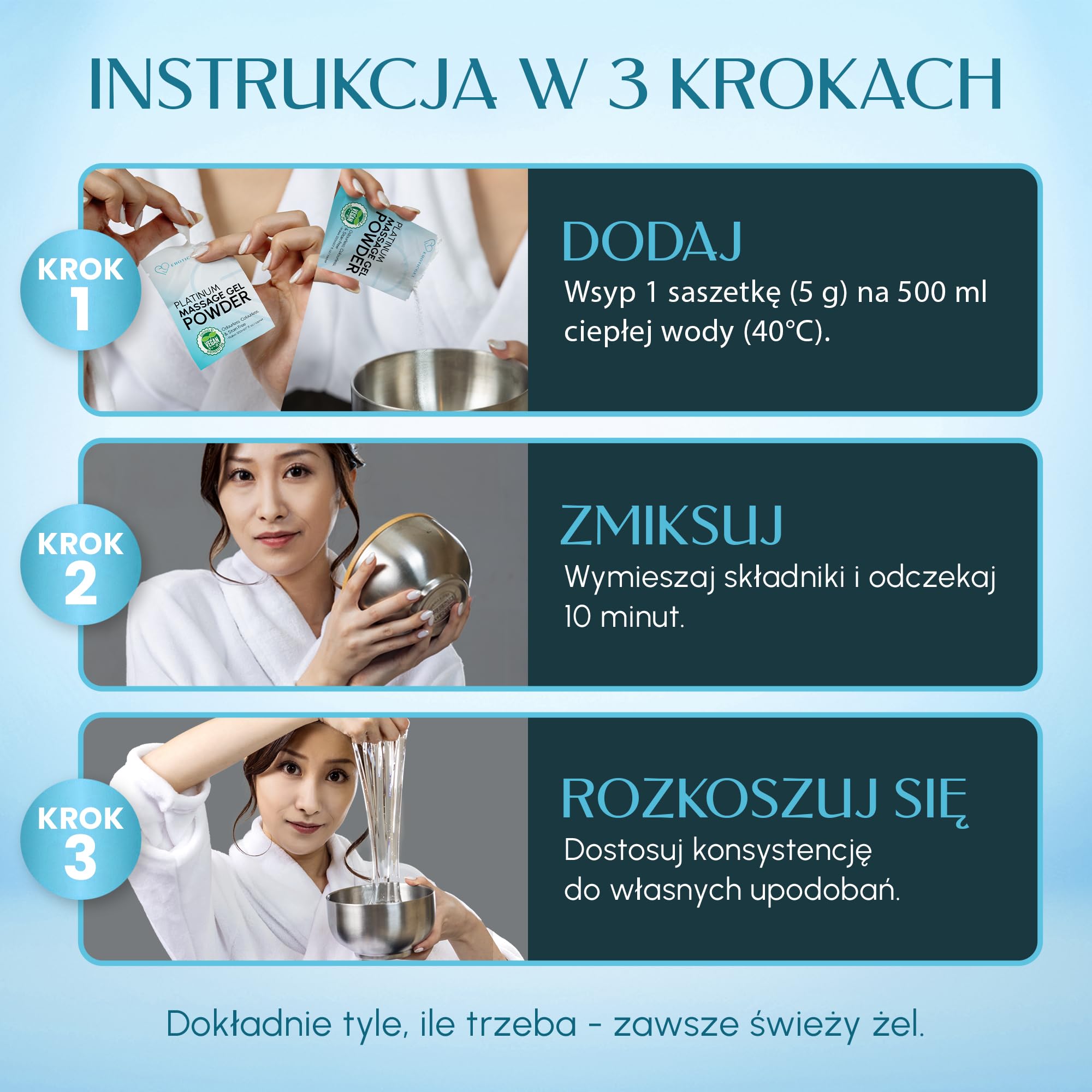 Japoński żel do masażu Nuru w proszku Platinum 10x5 g, zapewnia 5 litrów
