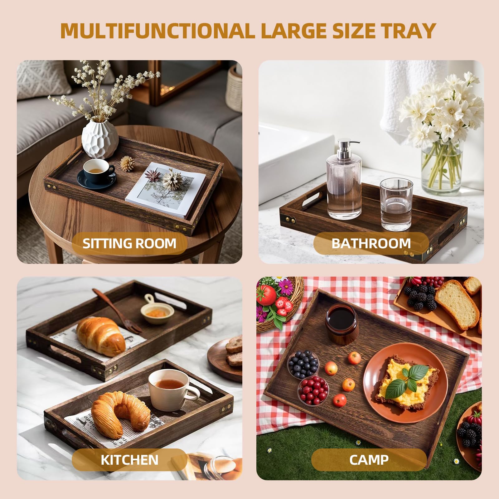 Bandeja de servir de madera rústica de 18.1 pulgadas con asas, bandeja de desayuno, bandeja de madera decorativa para comer, trabajar, almacenar, utilizada en dormitorio, cocina, sala de estar, baño y