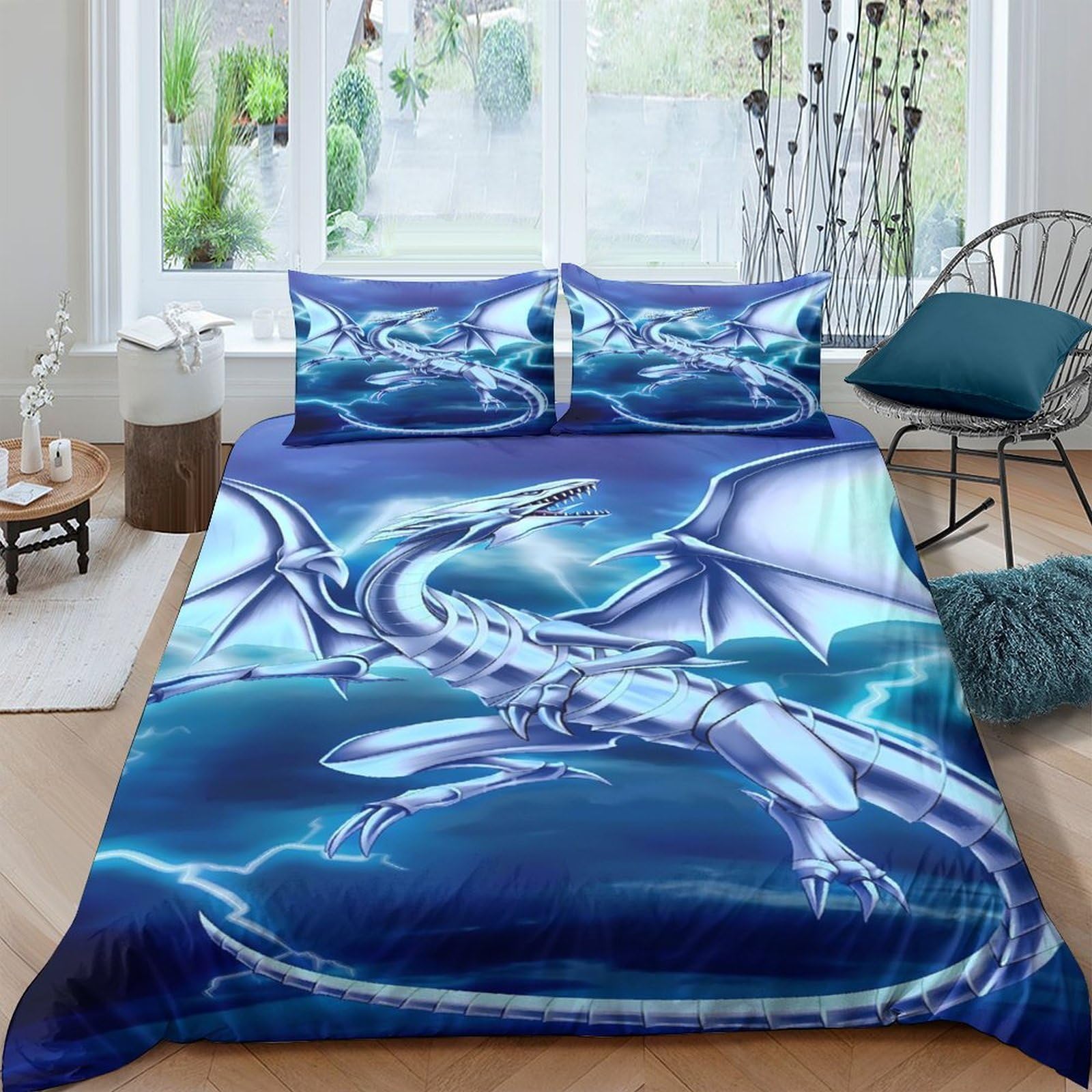 GPLZQXKJNH 3D Printed Blue Lightning Dragon Duvet Cover Set Microfiber Soft Breathable with 2 Pillowcases for Bedroom Decor Single（135x200cm）