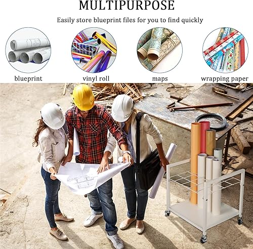 Miniatura 6 de Cathyeen Blueprint - Estante de almacenamiento con diseño de planos, carrito de almacenamiento de metal con ruedas, 20 ranuras, soporte de archivos