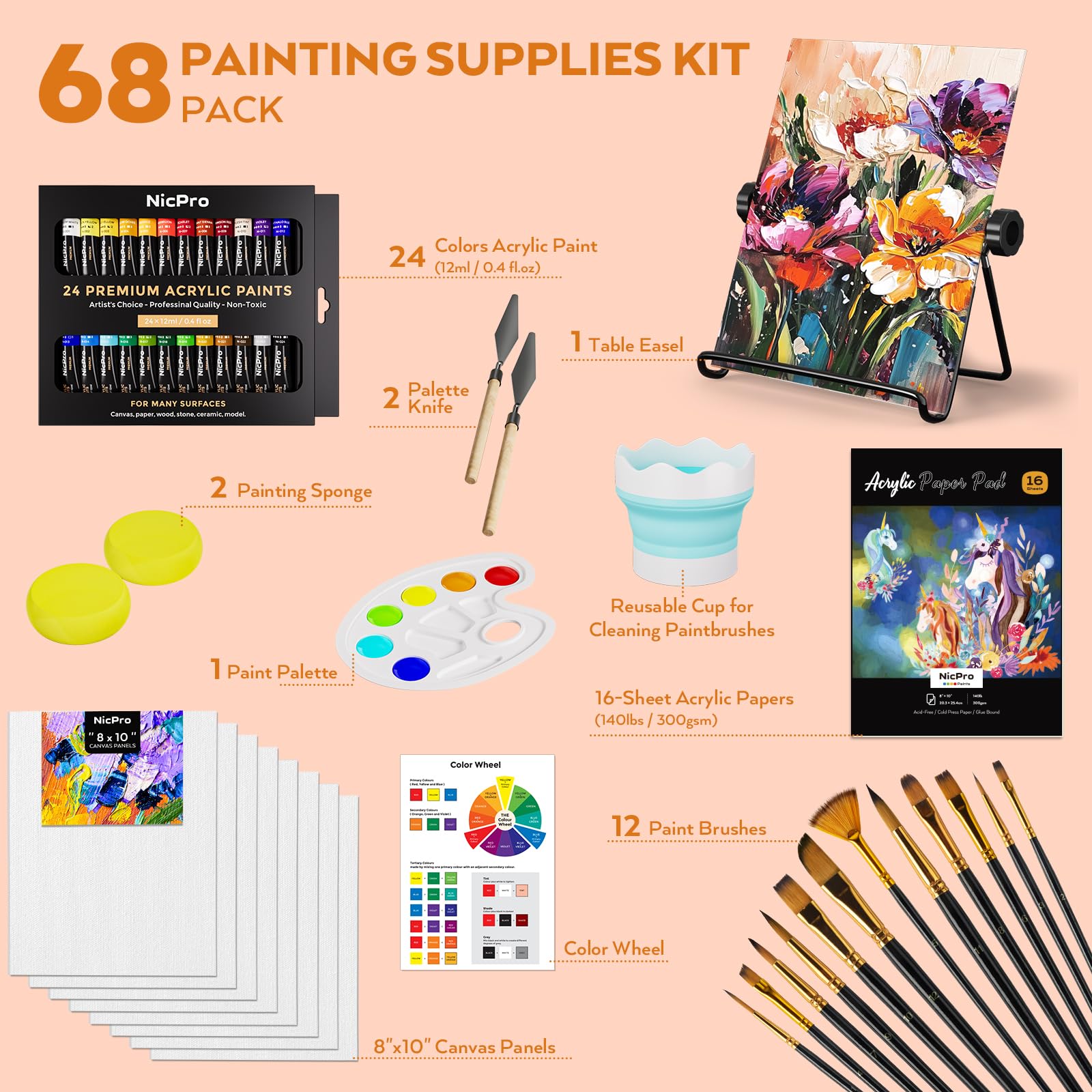 Nicpro 68 Pcs Kit De Peinture, Peinture Acrylique De 12ML X 24 Couleurs, Avec Chevalet De Table, 8 Plaques De Toile 12 Pinceaux, Tasse De Nettoyage, Éponge, Palette Pour Artiste Débutant