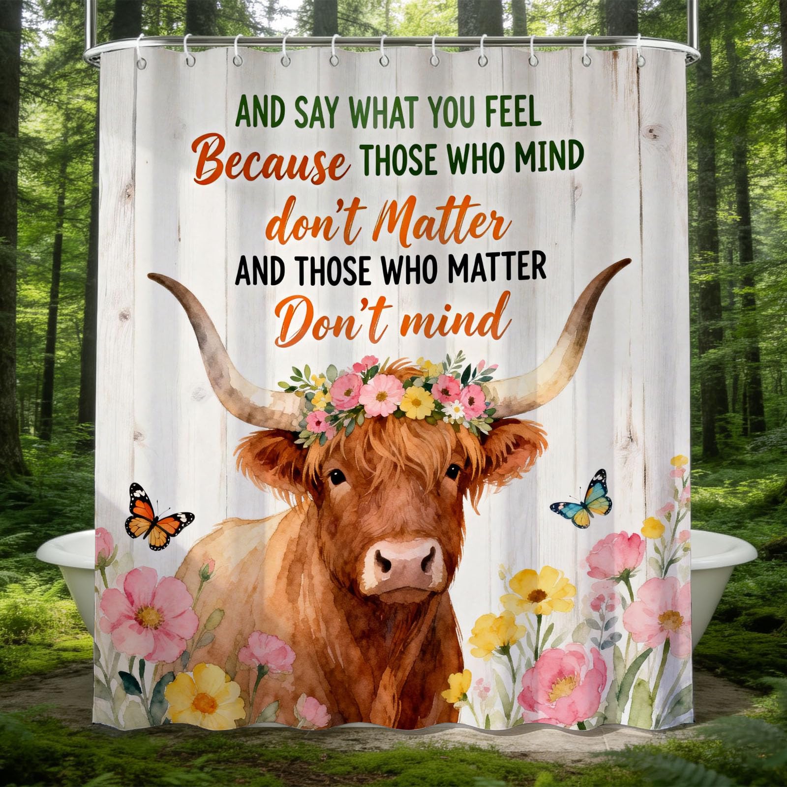 Hongduo 3D Highland Cattle Shower Curtain for Stalls Bathtubs Inspirational Words Bathroom Decor Shower Curtain Set Polyester Fabric Waterproof 180x180cm/71X71 Inch with Hooks