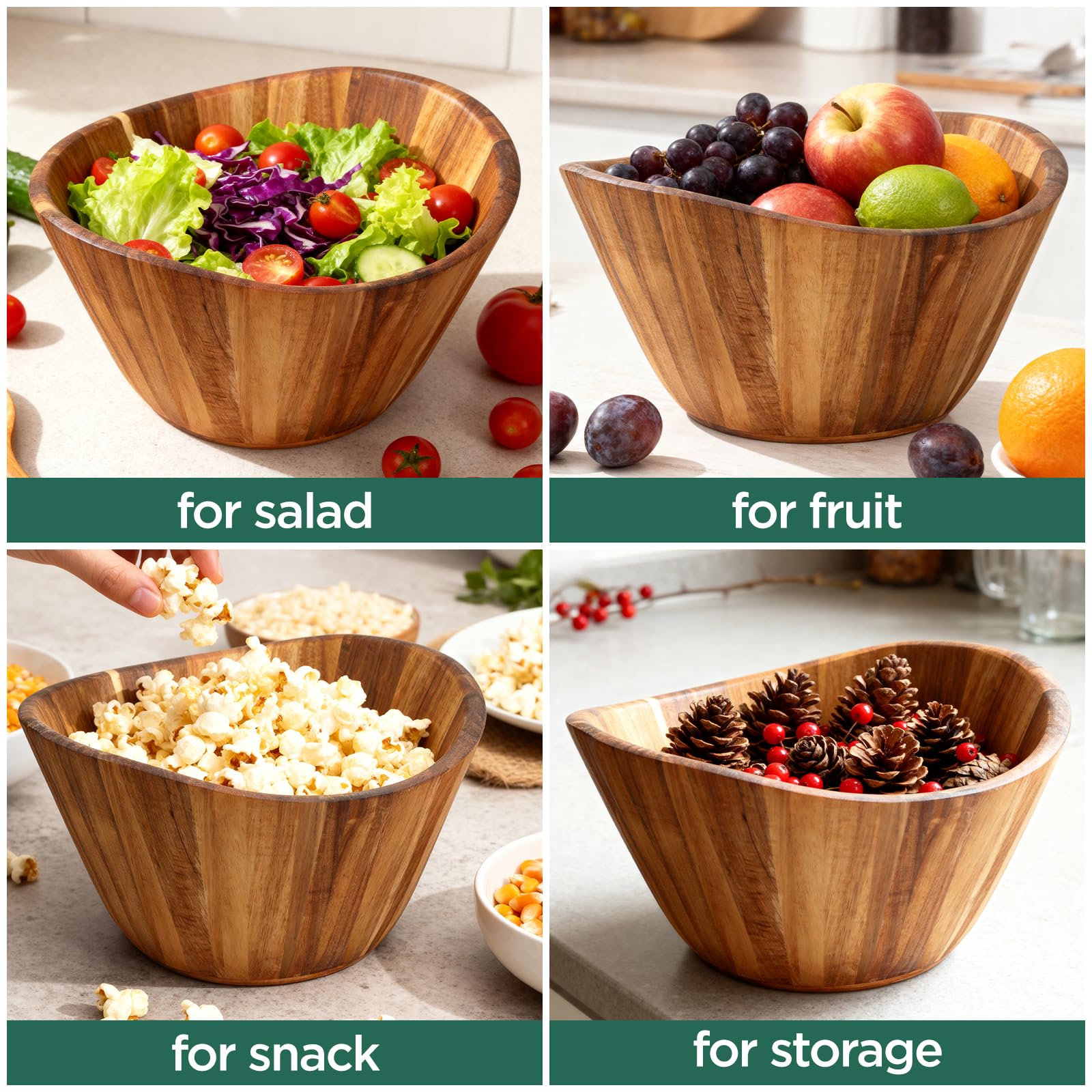 AIUHI Cuenco de madera de acacia de 12 pulgadas, regalo de Navidad, impresionante grano, perfecto para reuniones de Navidad, Acción de Gracias, decorativo para cocina, ideal para ensaladas, aperitivos