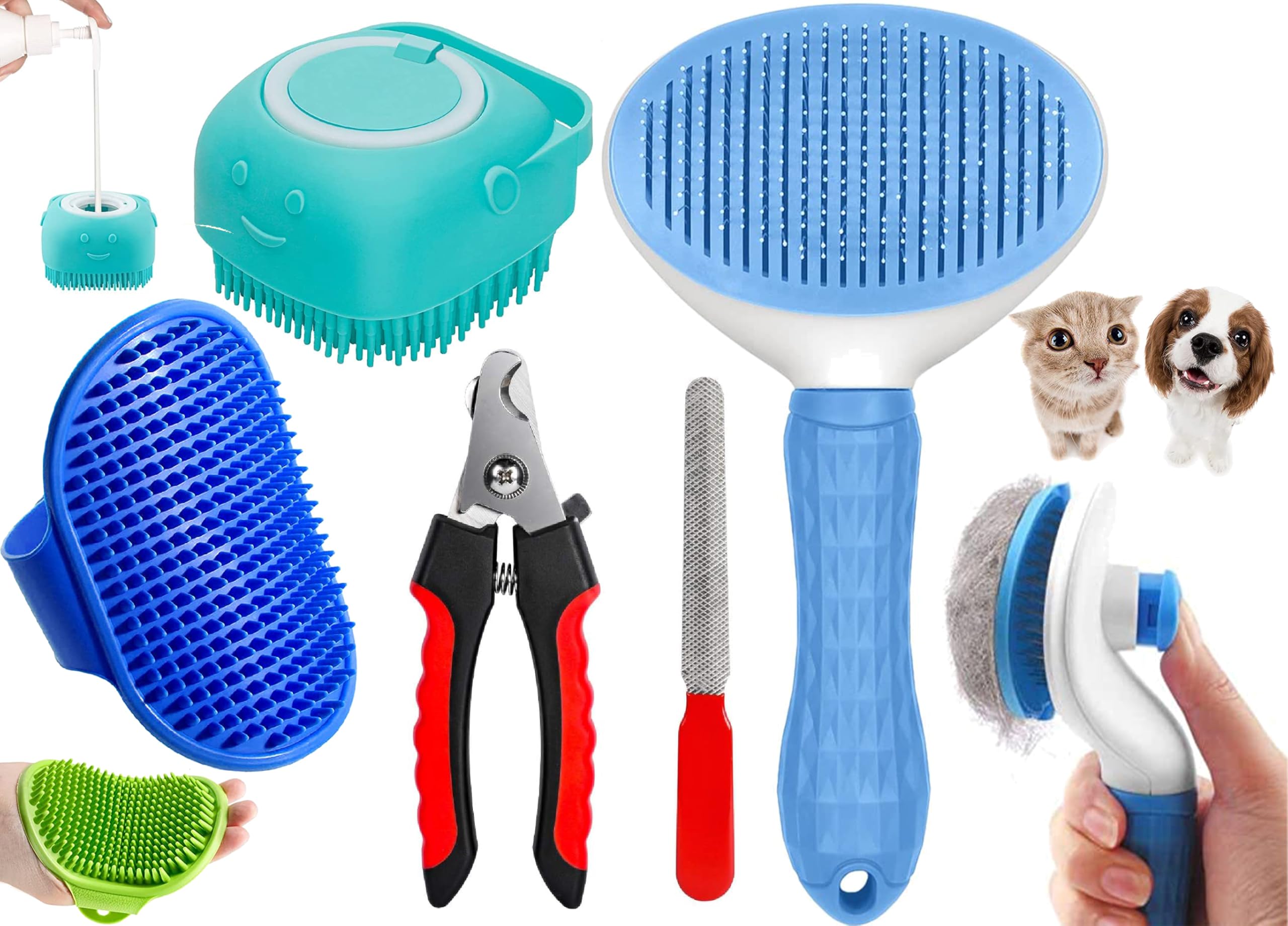 Set 4 in 1 per la toelettatura degli animali domestici, spazzola autopulente per rimuovere il pelo, strumento da bagno in silicone e massaggi, scrubber da bagno in gomma regolabile +