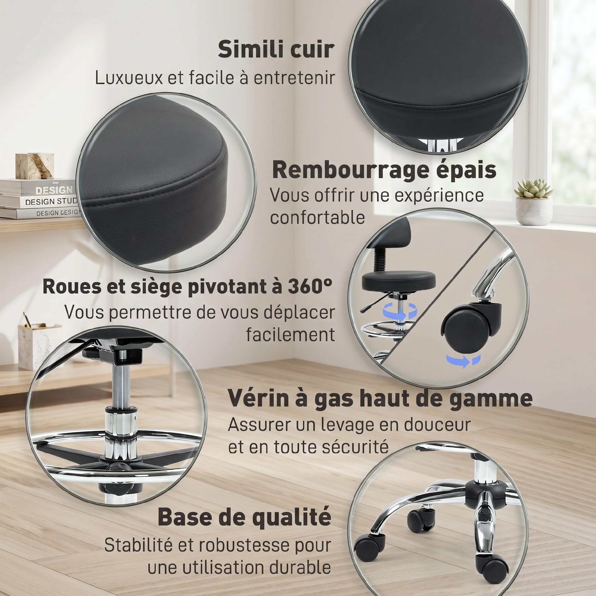 HOMCOM Chaise de Bureau Ergonomique Dossier Réglable Repose-Pieds Noir | Chaise de Dessin Sans Accoudoirs, Hauteur Ajustable, Pivotante à 360°, Tabouret Bureau