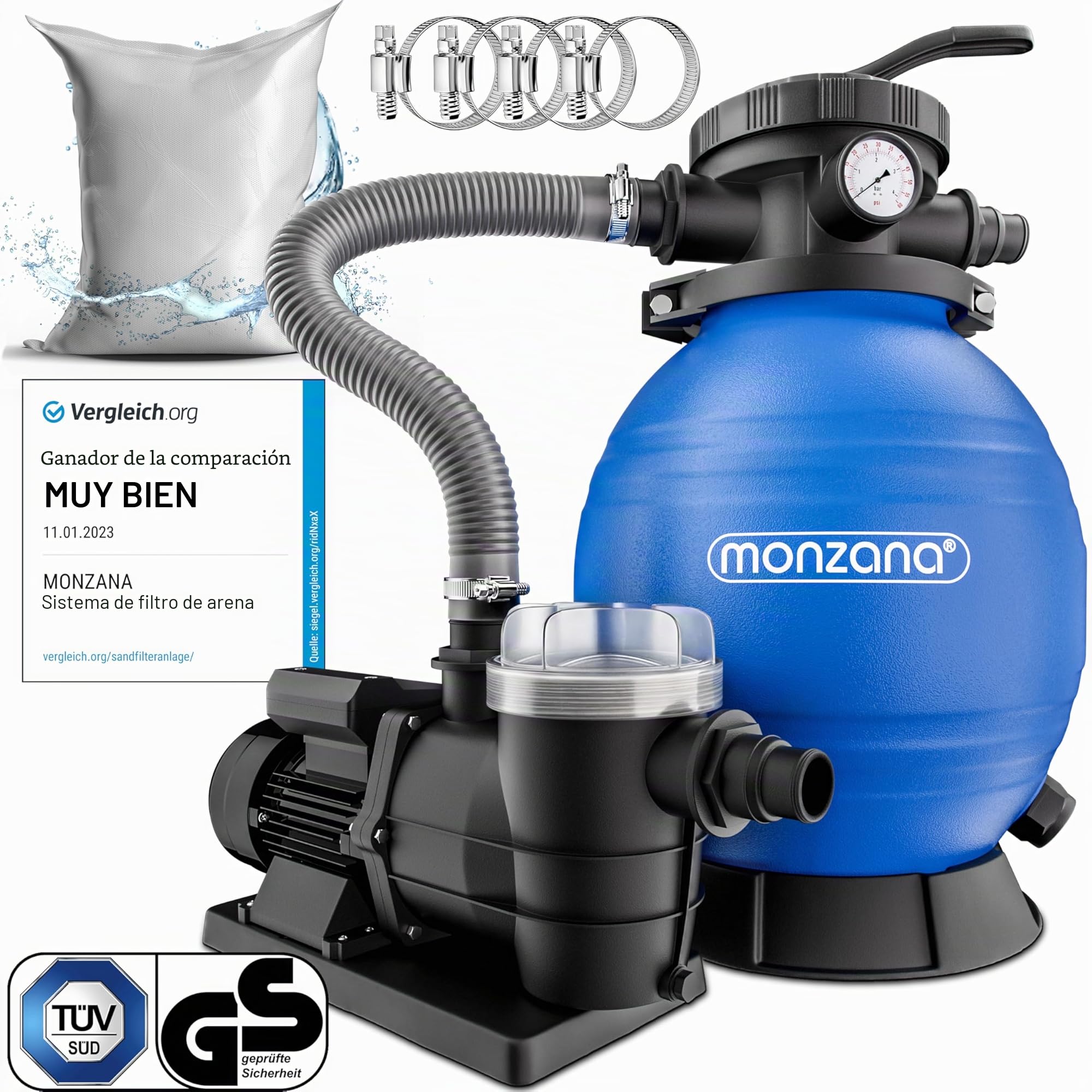 MONZANA Depuradora Piscina 9.600L/h | Filtro Arena 30.000L, Vidrio Filtrante, Valvula 7 Funciones Filtrado, 400W, Bomba, Indicador Presión, Adaptador Ø32-38mm