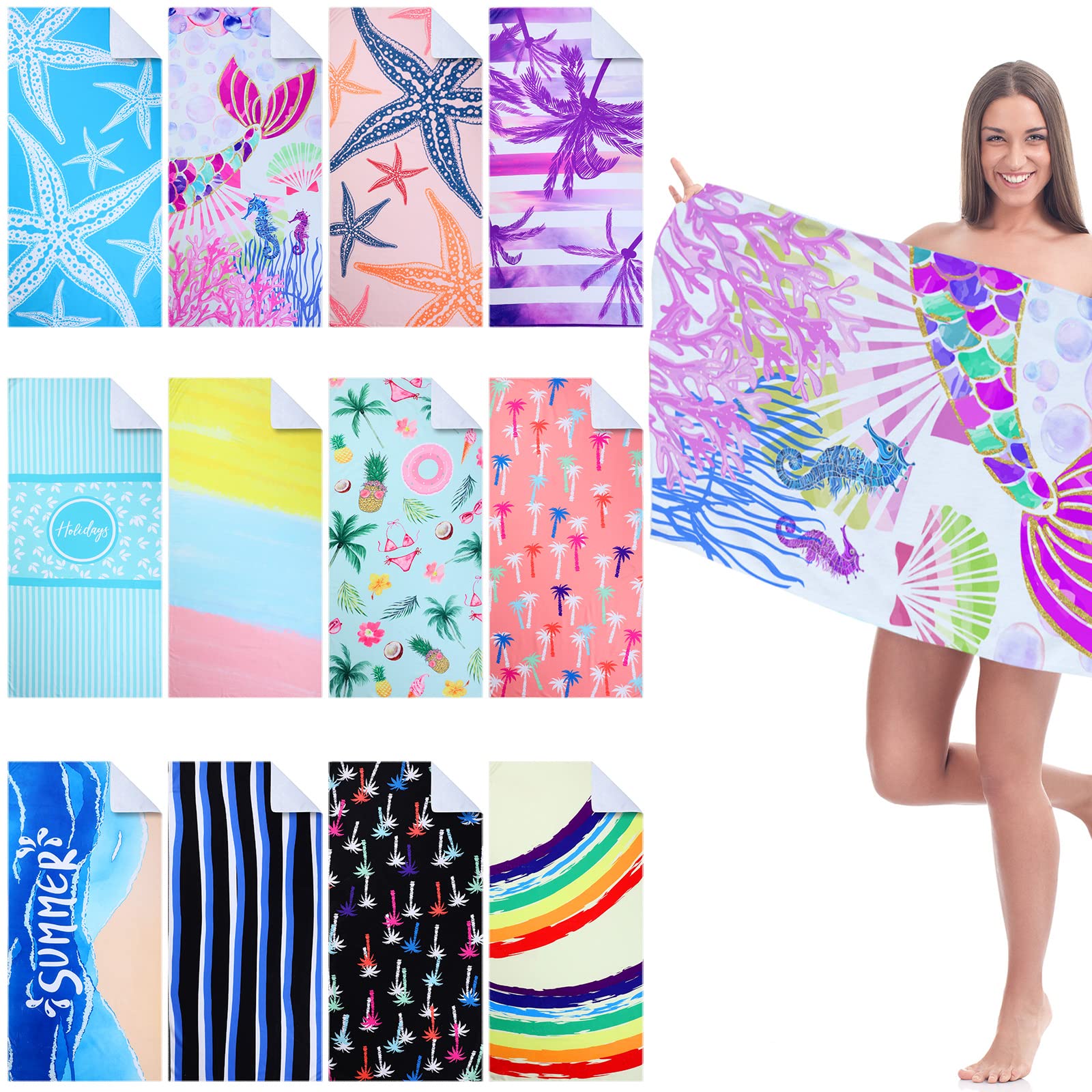 Newwiee 12-teiliges Mikrofaser-Strandtuch-Set, schnell trocknend, Strandtuch, 150x60 cm, leichtes Strandtuch, groß, bunt, weich, saugfähig, Pool-Handtuch für Erwachsene, Strand, Schwimmzubehör
