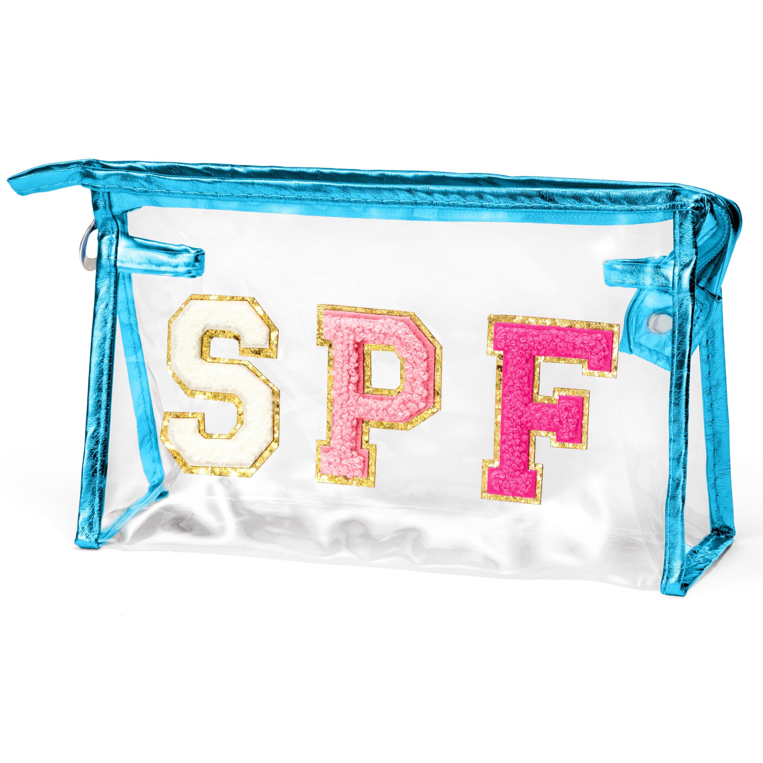 AsodSway Preppy Patch Cosmetic Bag - Summer Blue SPF Chenille Varsity Letter Clear Toiletry Bag Aesthetic Waterproof Portable Makeup Bag Transparent