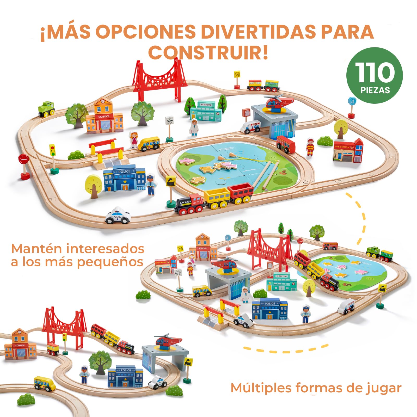 Juego de tren de madera, 110 piezas, pistas de tren de madera y trenes para niños, se adapta a Thomas, Brio, Melissa y Doug - Juguete de tren para niñas y niños de 3 a 4 a 5 años