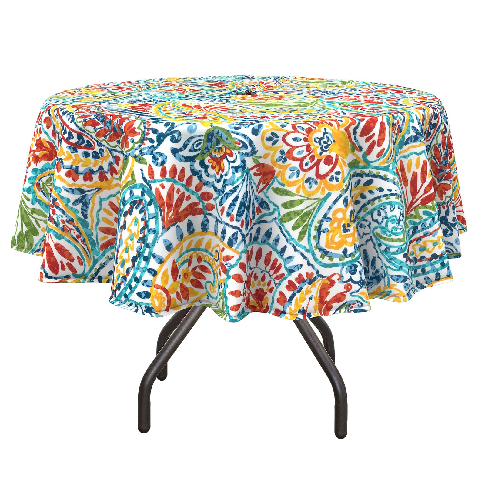 DYTXIII Round Outdoor Tablecloth with Umbrella Hole and Zipper 60 inch, Spring/Summer Floral Picnic Table Cover Waterproof Fabric for Patio Garden Picnic Party Table, Paisley Multi