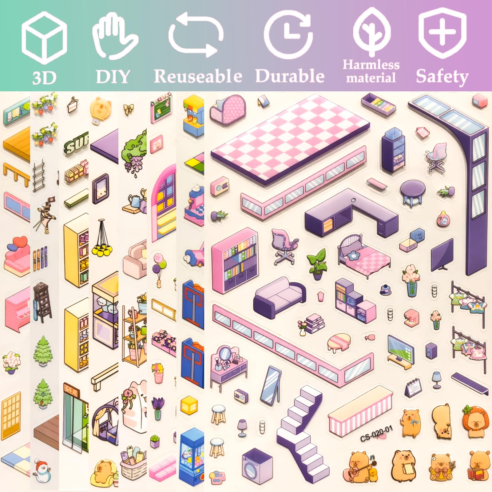 32 zestawy (1200+) naklejki 3D DIY dla dzieci i dorosłych z 4 naklejkami, stwórz własne domy, budynki, sklepy i park rozrywki sceny na imprezy, urodziny i prezenty