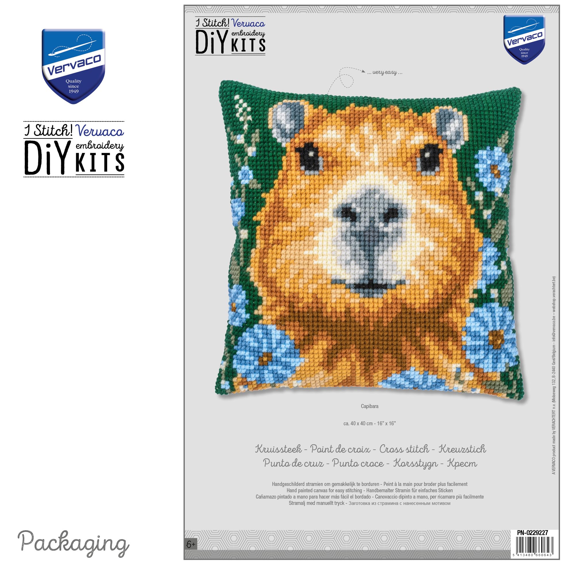 VERVACO Zestaw do Haftu Krzyżykowego Poduszka KAPIBARA Kanwa z Nadrukiem 40 x 40 cm Gruba Włóczka Akrylowa Zrób to Sam Dekoracja Domu DIY Cross Stitch Kit