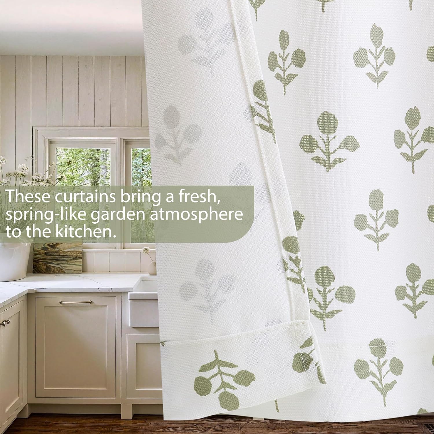 Cute Door Window Curtains,White Floral Kitchen Curtains 40 Inch Length Bathroom Window Curtain for Small Window Sage Green Flower Laundry Room Curtains Cortinas para Cocina Modernas