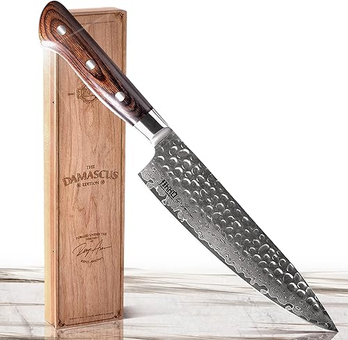 Jikko Cuchillo de chef japonés Damascus Edition Acero inoxidable de alto carbono VG-10 de 8 pulgadas Hoja de Damasco de 67 capas Forjado a mano