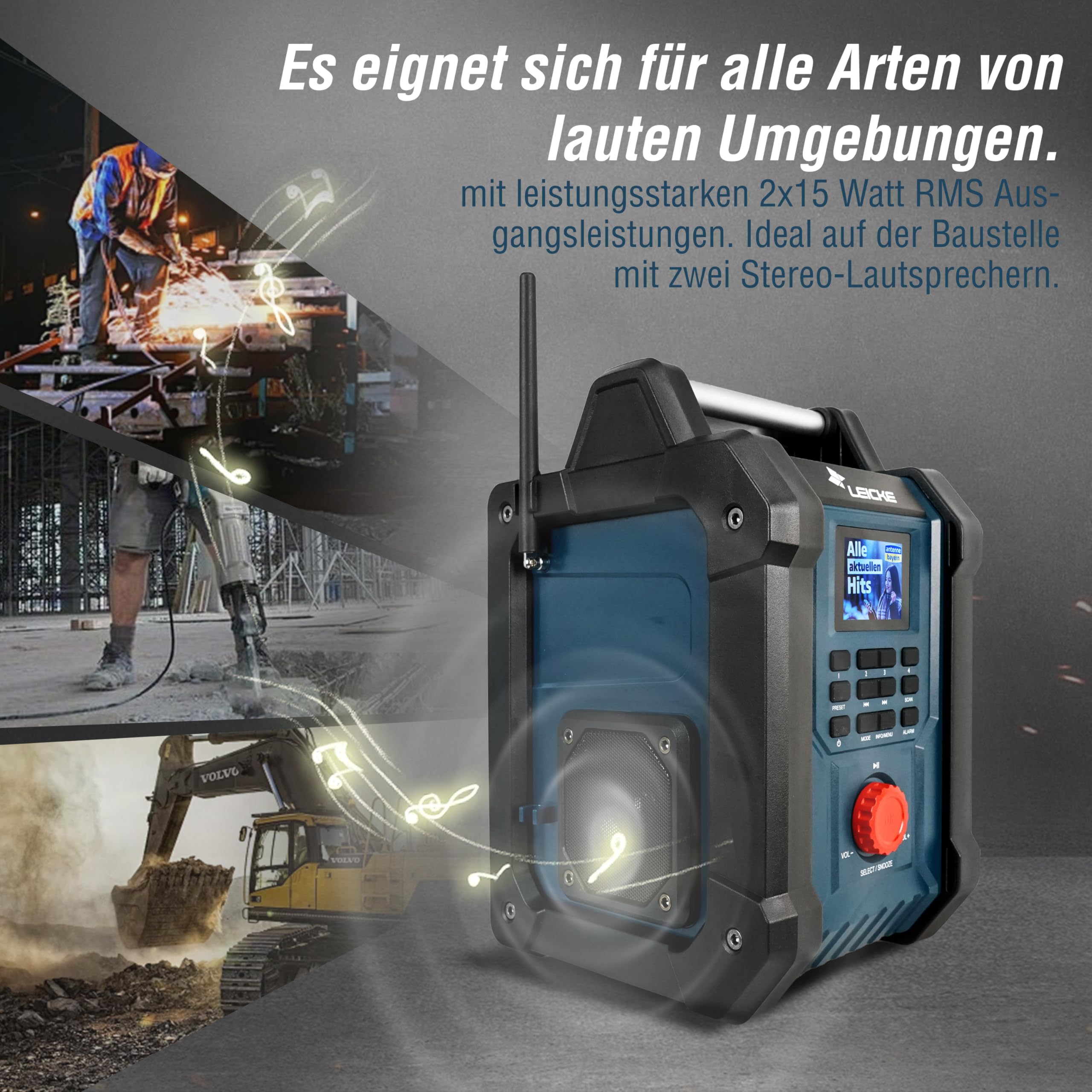 Baustellenradios - Digitales und Robustes Radio mit DAB+, FM, Bluetooth, AUX, 4000mAh Akku, 2 x 15W Lautsprechern und 2.4-Zoll LCD Display