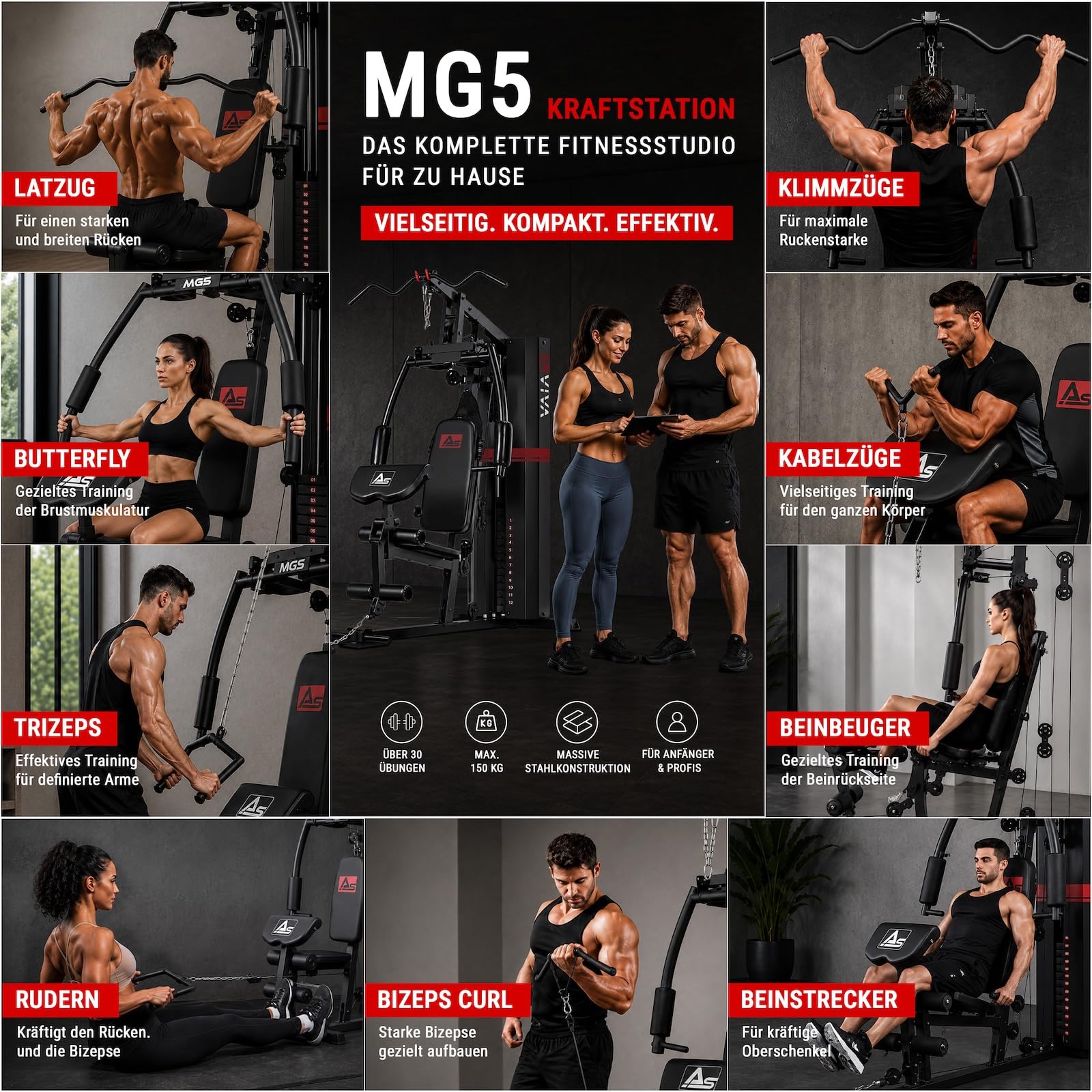 AsVIVA MG5 Pro Kraftstation – Home Gym Multigym mit 73 kg Gewichtsblock, Kabelzugstation, Latzugstation, Butterfly, Beintraining, Ganzkörpertrainer bis 130 kg