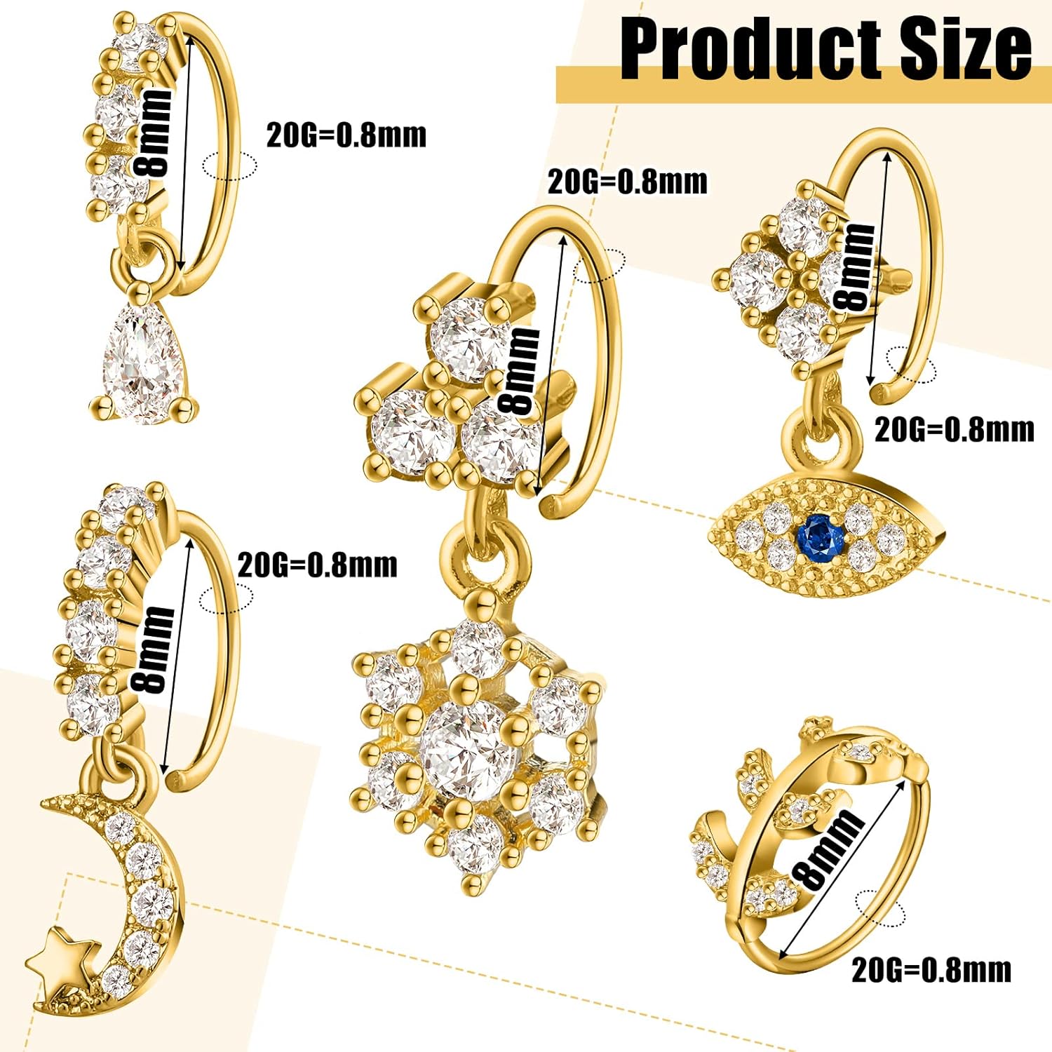 Junkin 20 Pcs Dangle Nose Rings for Women Gift, 20g Gold/silver Dangly Nose Ring Hoop Dangling Piercing Jewelry for Women