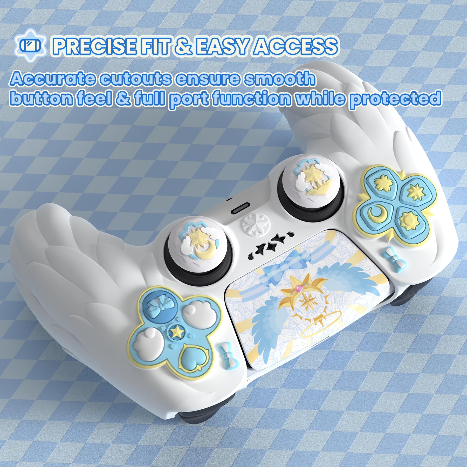 playvital Cover Controller per ps5 Joystick Custodia Silicone Skin Protettivo Grip Antiscivolo & Copri Analogici & Adesivi Carini, Adatto per ps5 Base di Ricarica, Ali Magiche-Bianco