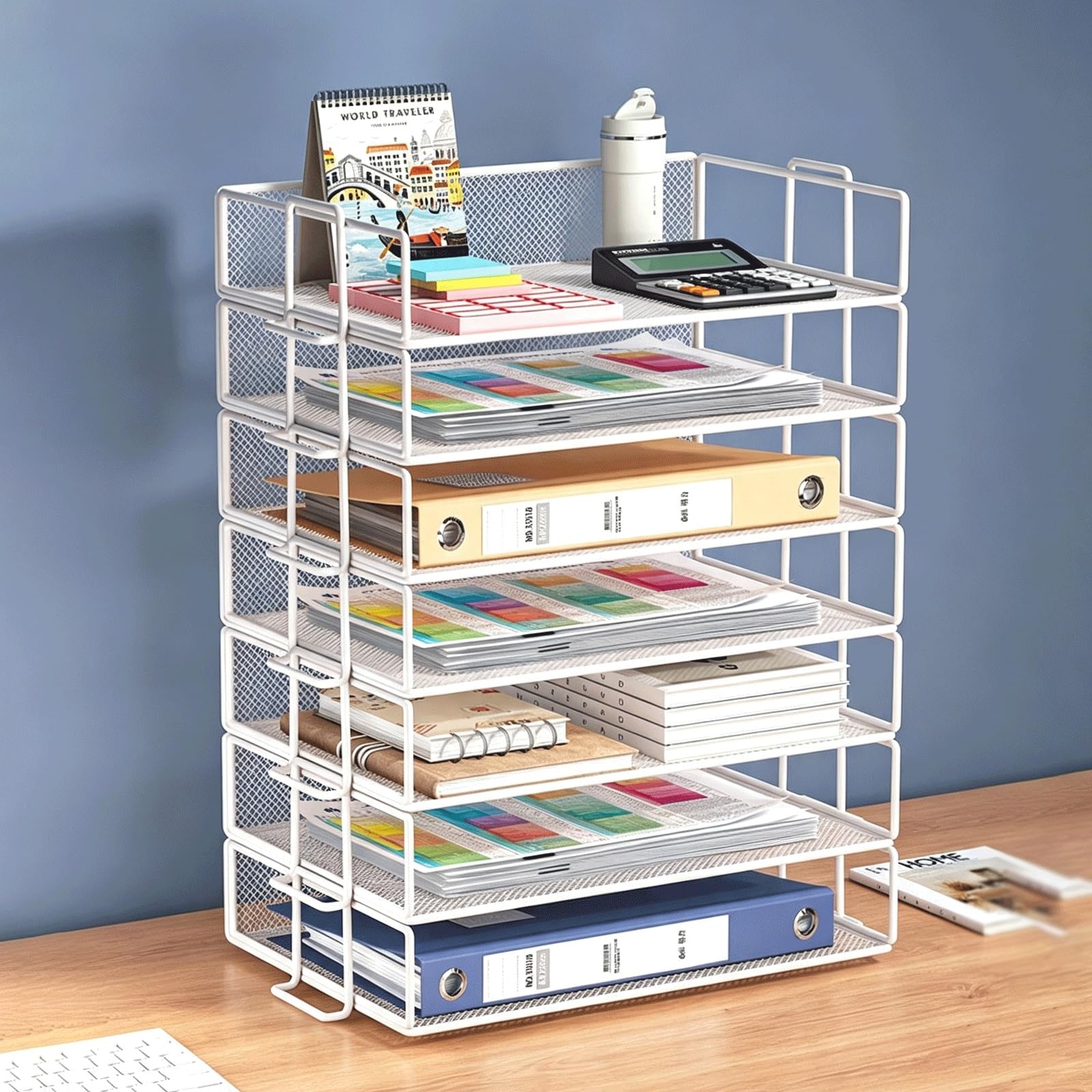 Organiseur de Bureau en maille métallique, plateau à lettres empilable, Trieur de papier pour Le Bureau à Domicile ou l'école(White,7 tier)